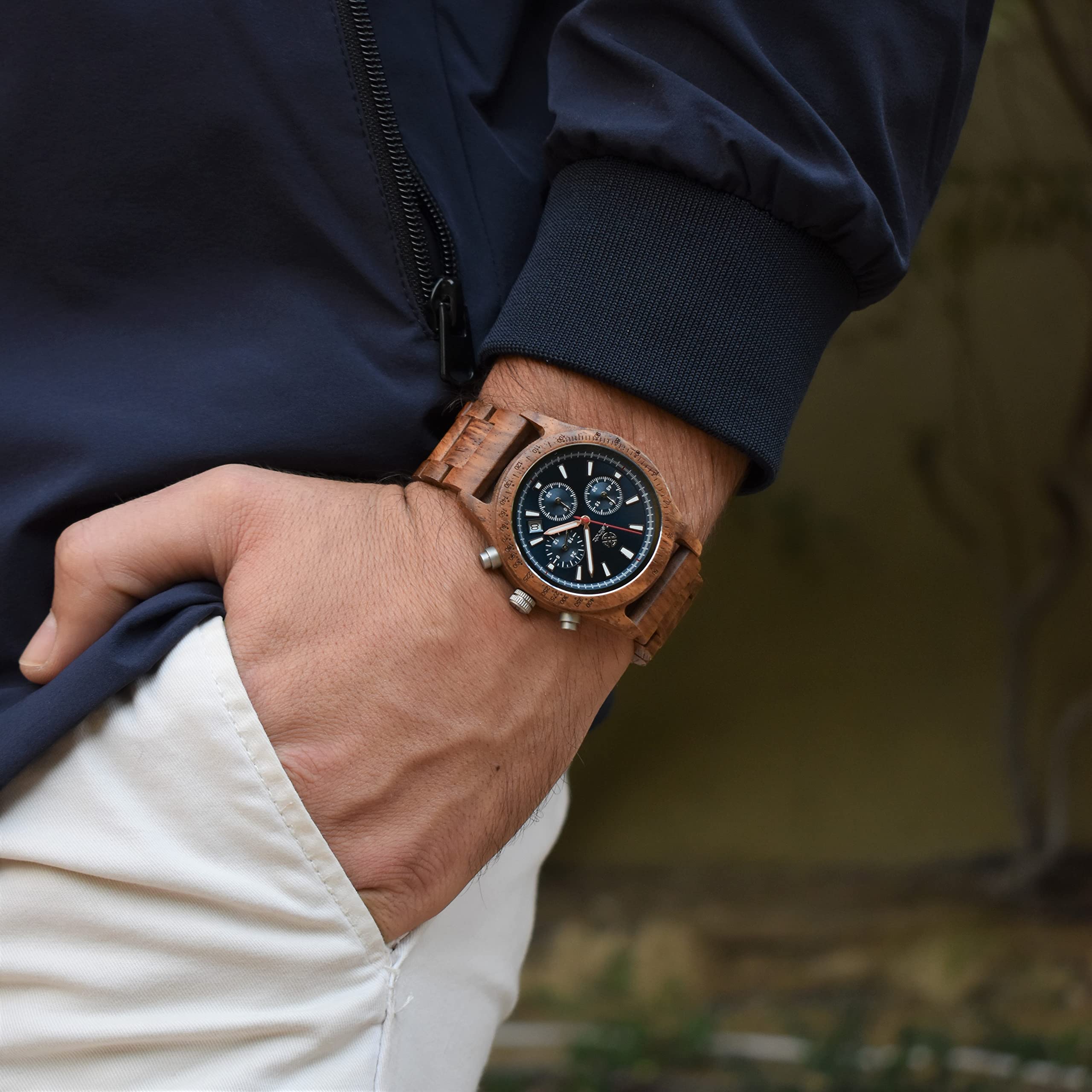 **Zeitholz Men's Wooden Watch - 42mm Natural Wood Chronograph with Japanese Quartz Movement, Analog Calendar Display - Perfect for Casual Wear, Outdoor Adventures & Unique Gifts**