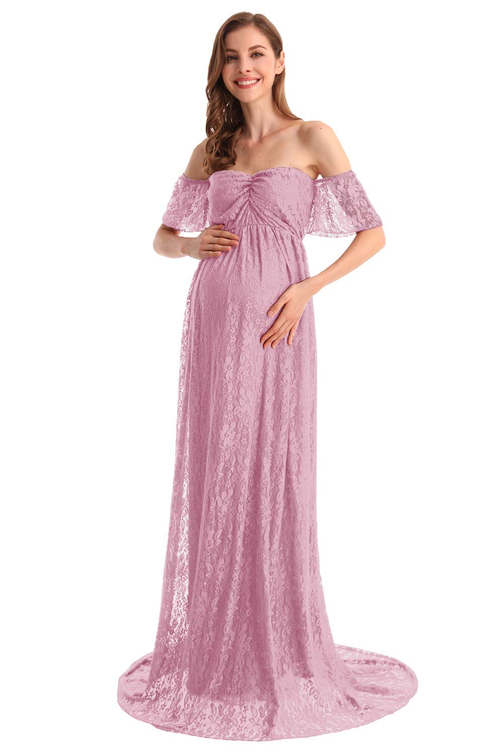 HIHCBF Women's Bohemian Lace Maternity Wedding Dress - Off-Shoulder Ruffle Sleeves for Baby Shower, Pregnancy Photo Shoot & Beach Wedding Gown