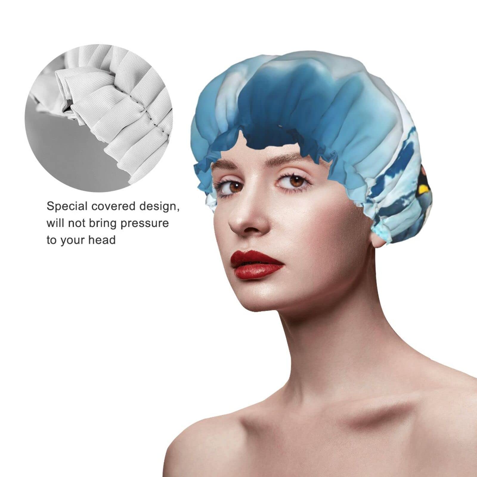 Waterproof Reusable Shower Cap for Women - Cute Penguin Design Bathing Hair Cover - Perfect for Shower, Spa & Swimming (2-Pack)