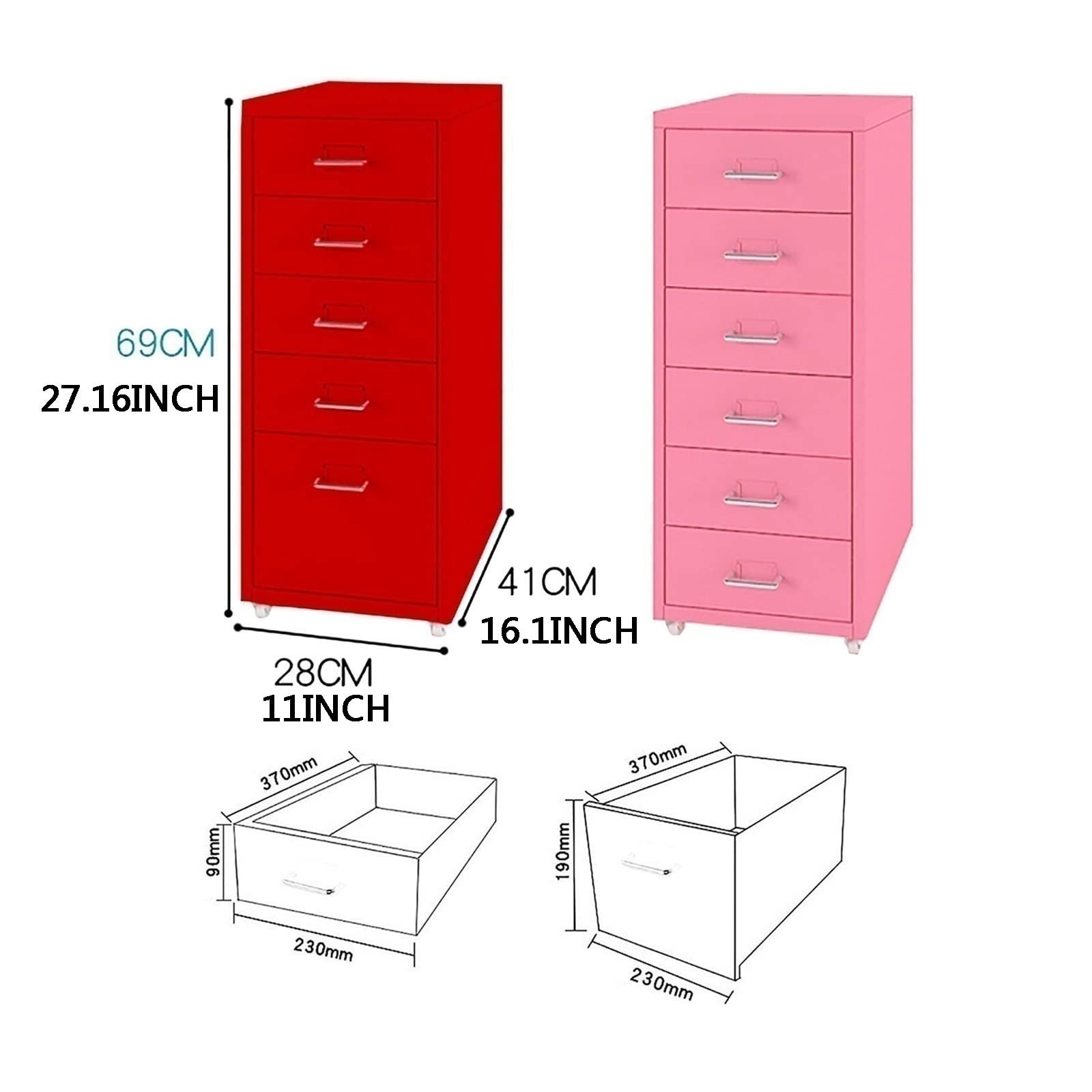 5-Drawer Vertical Mobile File Cabinet - 41×28×69CM Steel Storage with Wheels (Red) | Office Organization & Document Storage Solution