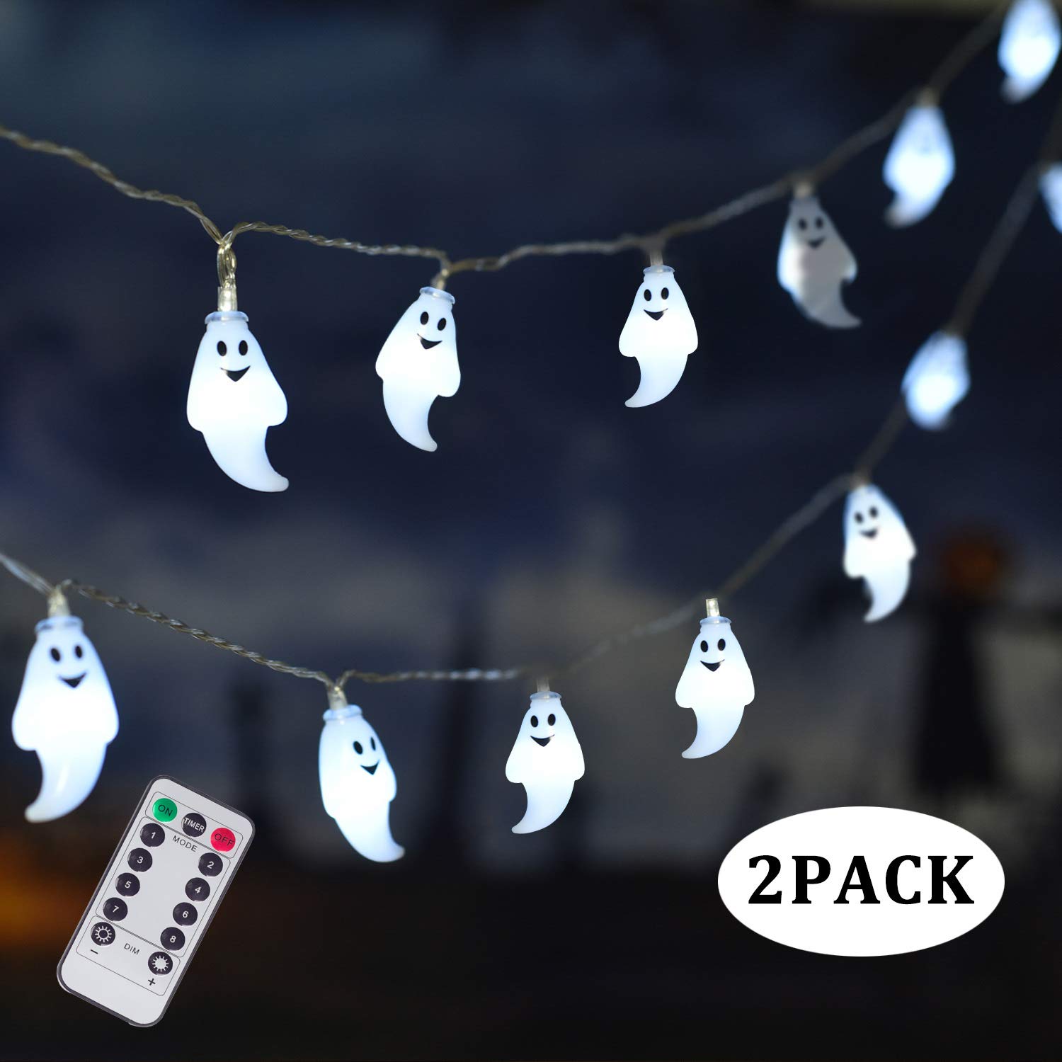 25 LED Halloween Ghost String Lights - 8 Modes Fairy Lights with Remote | Waterproof Indoor/Outdoor Battery Operated Decor for Party, Patio, Christmas & Halloween (2 Pack) - Perfect for Garden, Yard, Porch, Wedding and Holiday Decorations