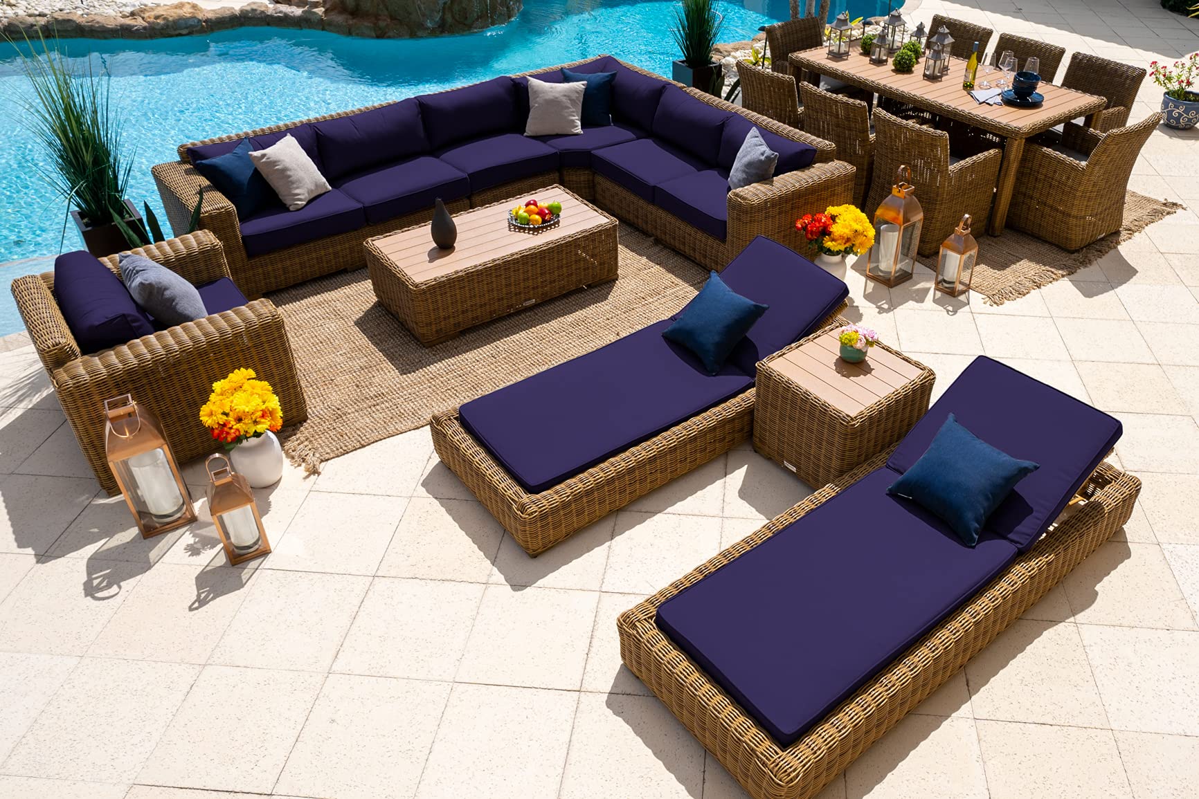 18-Piece Malmo Resin Wicker Outdoor Patio Furniture Set - Natural Wicker Sectional, 8-Seat Dining Table & Chaise Lounge - Sunbrella Navy Canvas - Perfect for Backyard, Poolside & Garden Relaxation