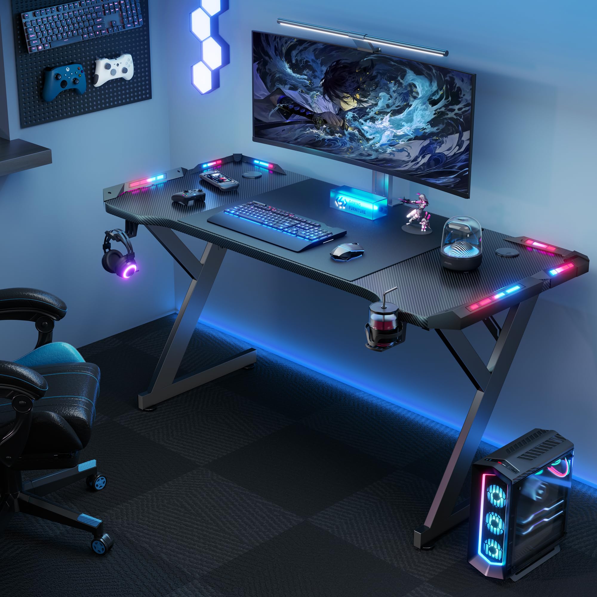 HLONONE 120 x 60cm Carbon Fiber Gaming Desk with LED Lights - Ergonomic Computer Desk with Cup Holder & Headphone Hook - Perfect for PC Gaming Setup, Home Office & Streaming Station (Black)