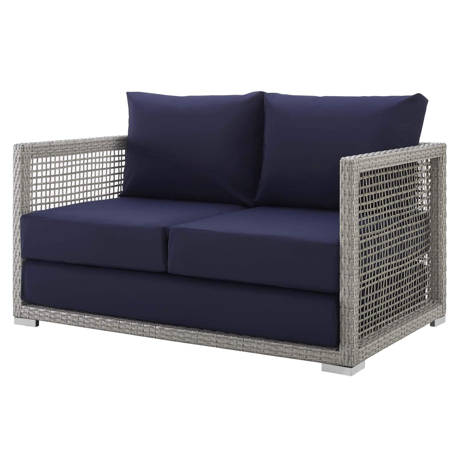 Modern Outdoor Patio Furniture Set - 3-Piece Rattan Wicker Sofa, Chair & Coffee Table in Gray, Navy Blue - Perfect for Backyard, Garden, Poolside & Patio Relaxation