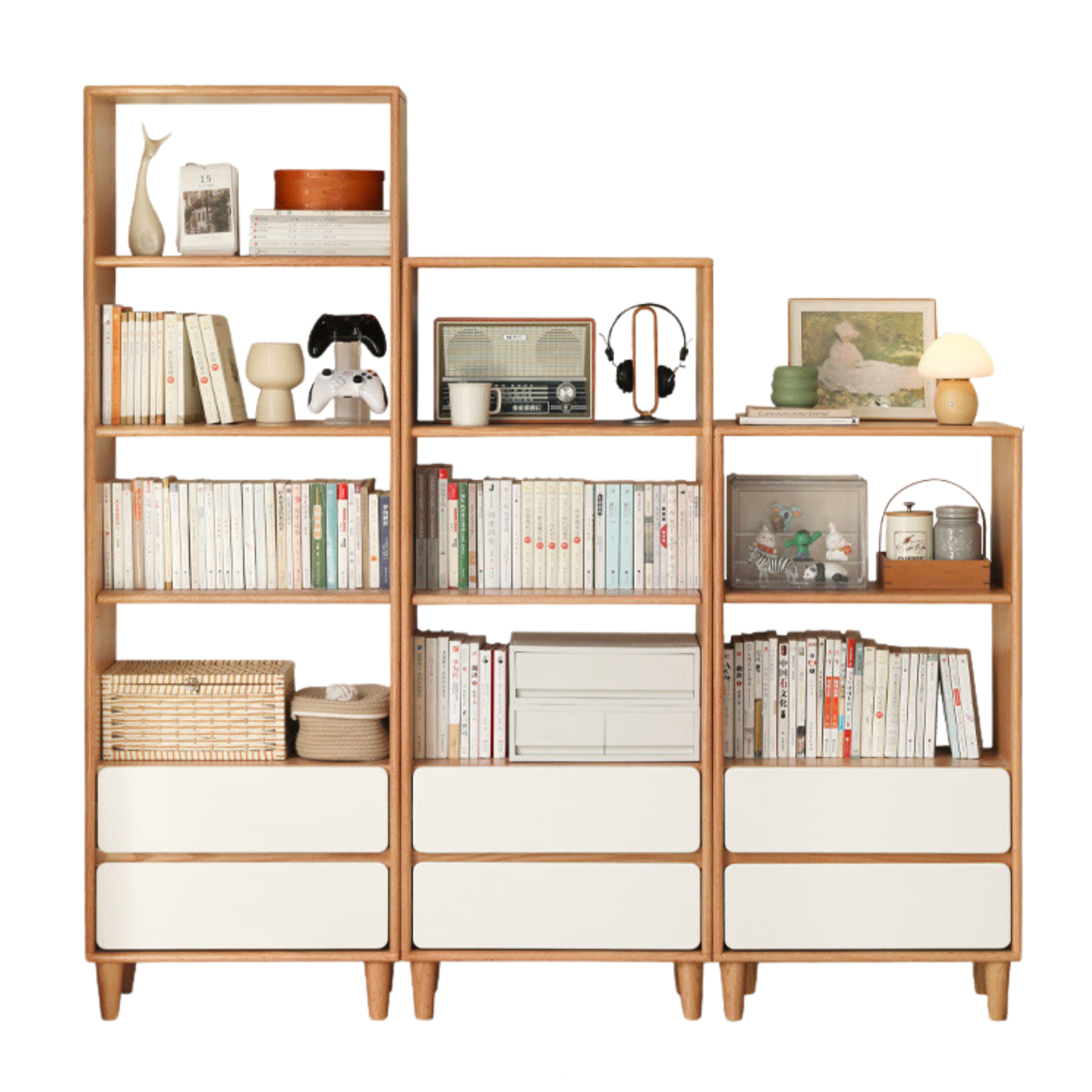 70.8x12.5x71.6 inch/ 180x32x182 cm/ Natural wood color/ high bookshelf + medium bookshelf + low bookshelf