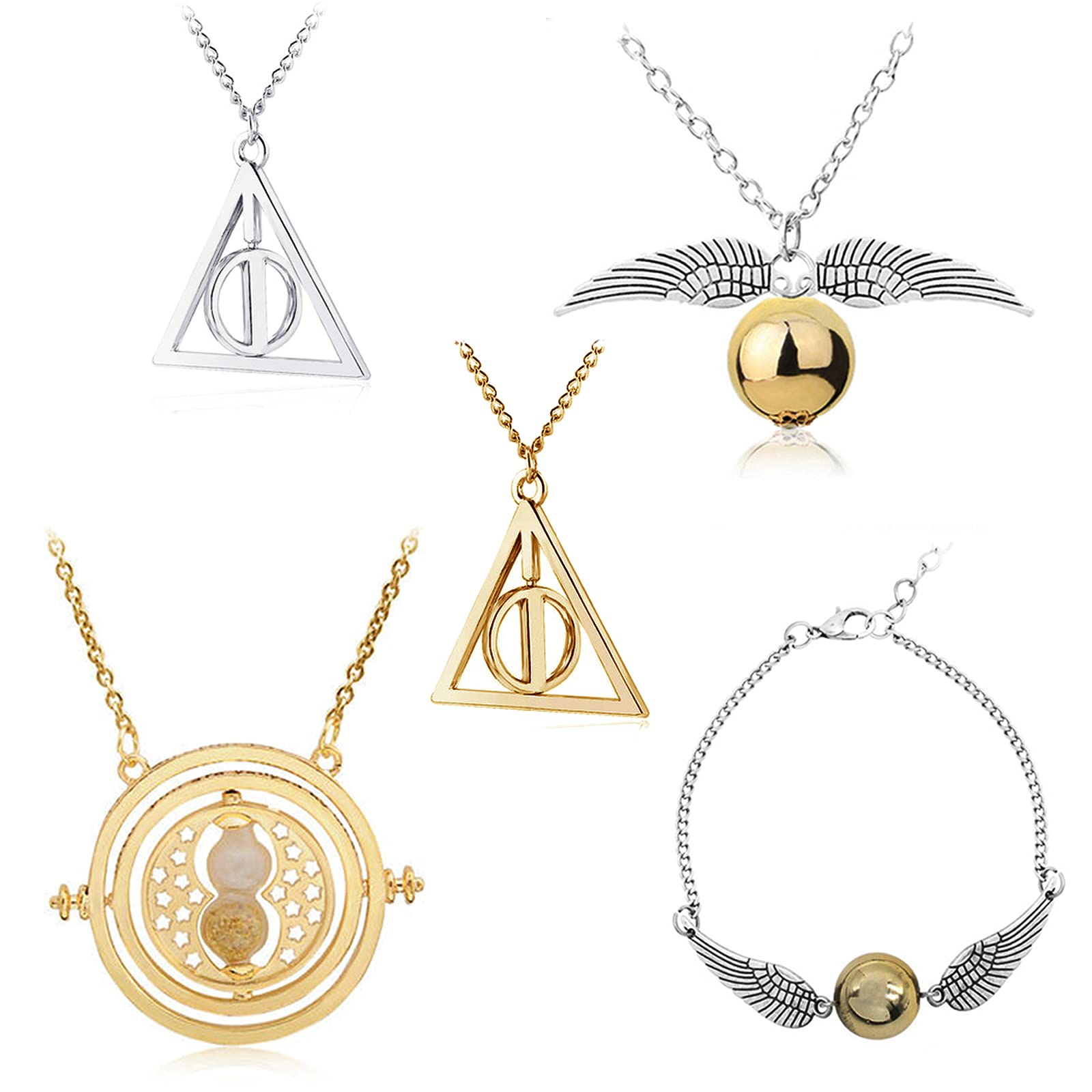 5-Piece Rotating Hourglass & Golden Snitch Necklace Bracelet Set - Harry Potter Inspired Jewelry Collection for Fans, Collectibles & Gifts (Silver) - Perfect for Cosplay, Themed Parties & Potterhead Fashion