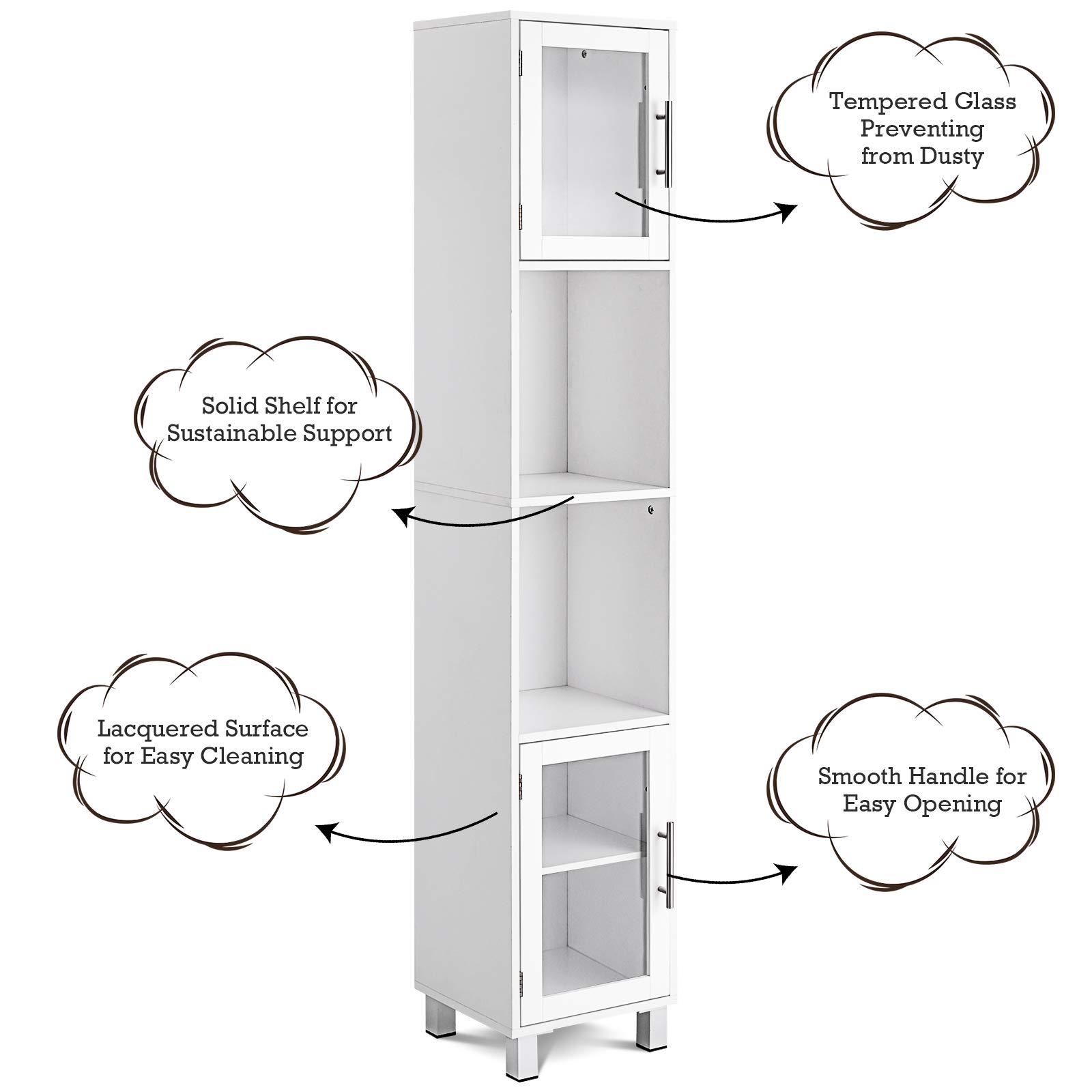 GLACER White Bathroom Storage Cabinet - 71 Inch Tall Kitchen Floor Cabinet with 2 Open Shelves & Tempered Glass Doors - 13x12x71 Inches Organizer for Bath Towels, Toiletries & Cleaning Supplies - Perfect for Small Bathrooms, Laundry Rooms & Kitchen Storage