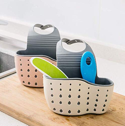 iMate 4-Piece Kitchen Sink Organizer Set - 2 Sink Caddies & 2 Dish Sponges | Silicone Sponge Holder, Soap Dispenser & Faucet Organizer | Beige & Pink | Perfect for Small Kitchens, Apartments & RVs