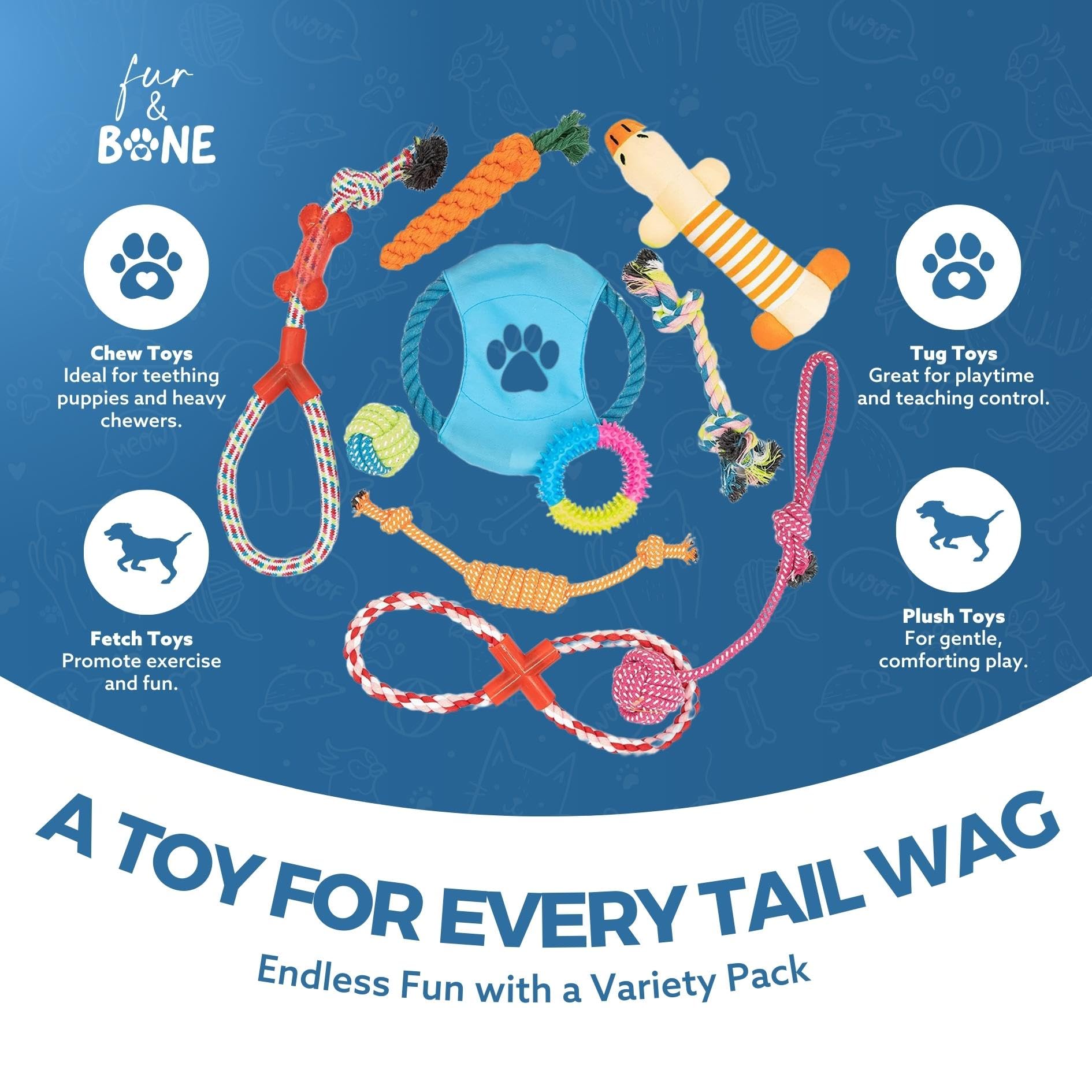 Durable 10-Pack Fur & Bone Dog Chew Toys - Puppy Teething Toys with Rope & Squeaker for Small & Medium Dogs - Perfect for Boredom Relief, Training, and Playtime at Home or Outdoors