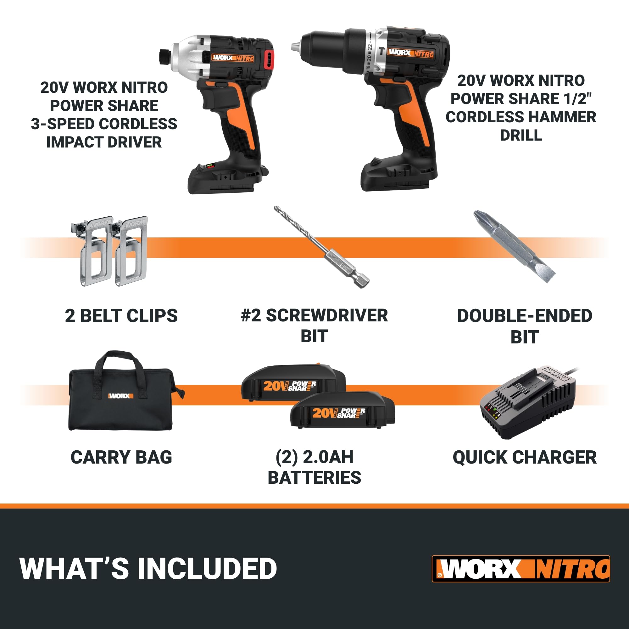 Worx Nitro 20V Brushless Cordless Drill and Impact Driver Combo Kit - WX971L (1/2