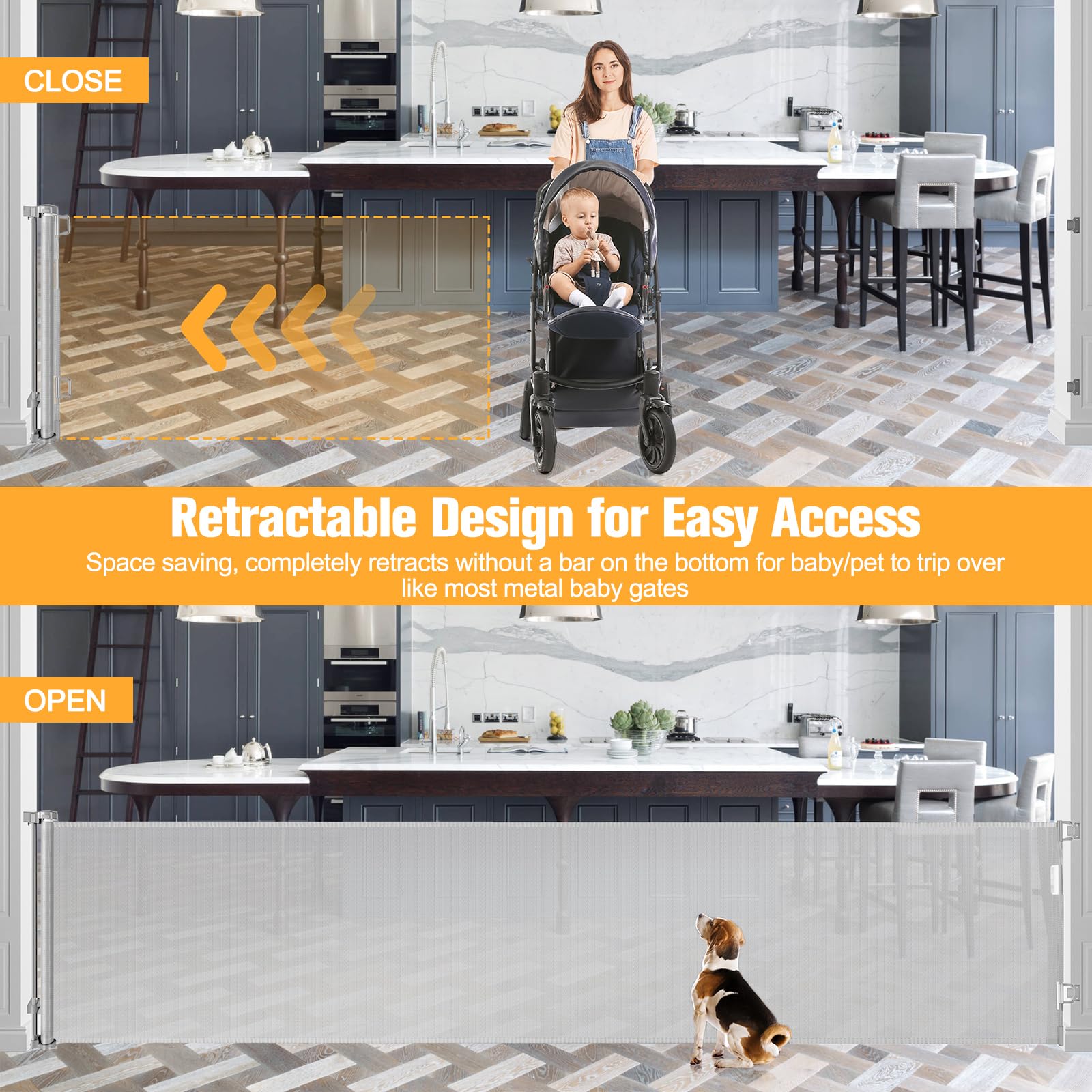 125 Inch Extra Wide Retractable Baby Gate & Pet Gate for Large Openings - Indoor/Outdoor Safety Barrier for Dogs, Kids, Stairs - Light Gray | Perfect for Hallways, Doorways, and Wide Spaces