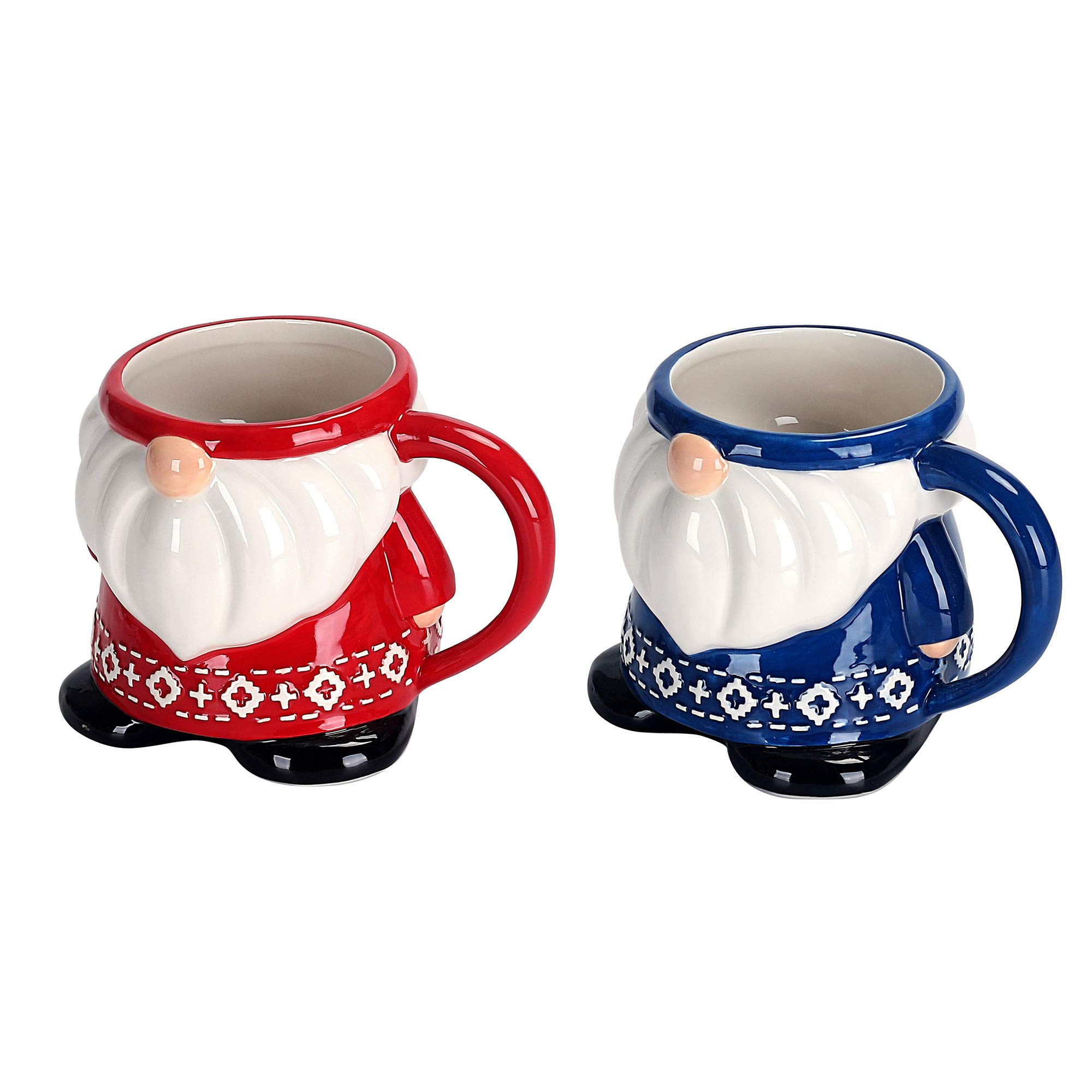 Handpainted Bico Ceramic Red & Blue Christmas Gnome 15oz Mugs Set - Microwave & Dishwasher Safe - Perfect for Holiday Gifts, Cozy Hot Drinks & Festive Home Decor