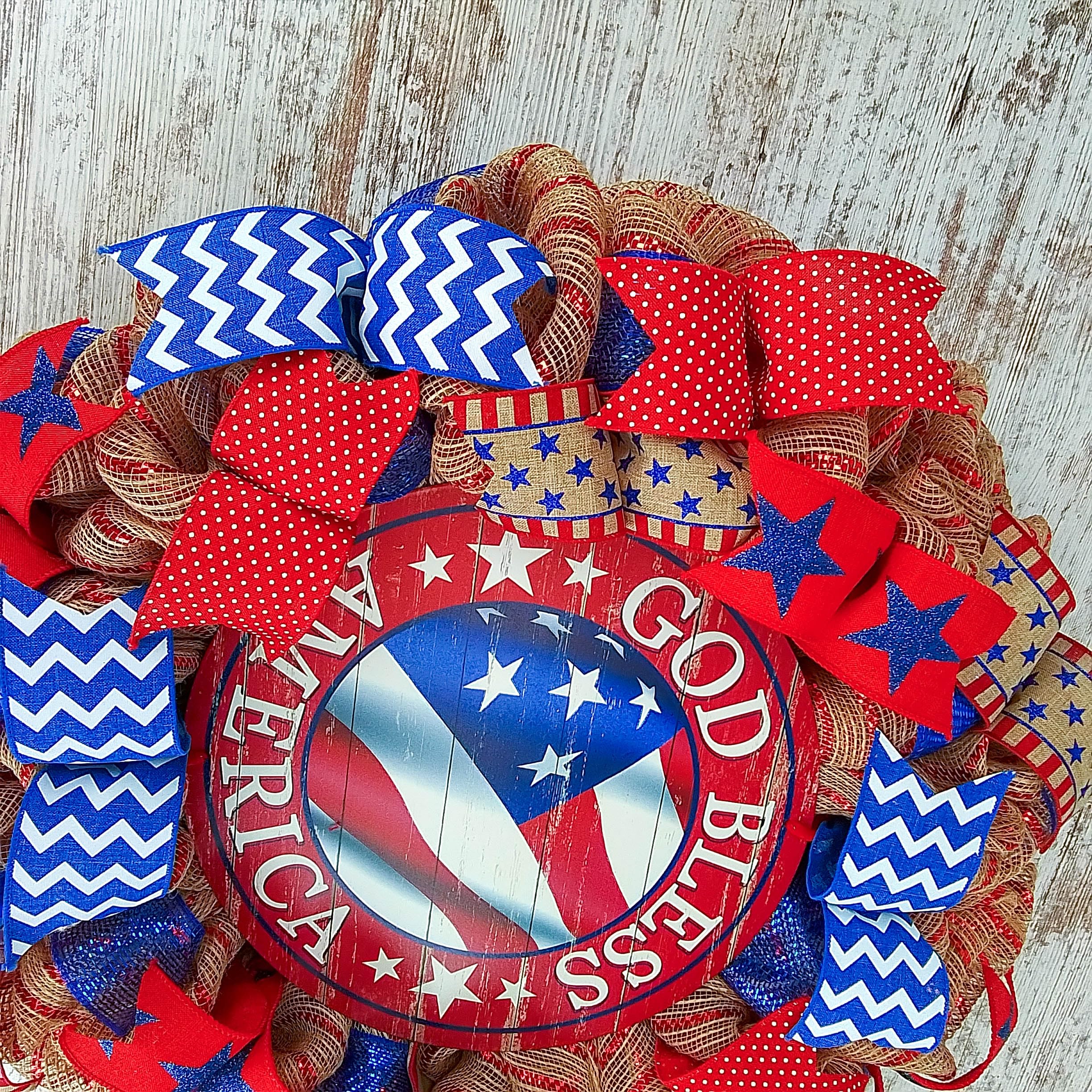 God Bless America Patriotic Wreath - Red White Blue Burlap Wreath for Front Door - Perfect for 4th of July Decorations, Memorial Day, Veterans Day & American Holidays