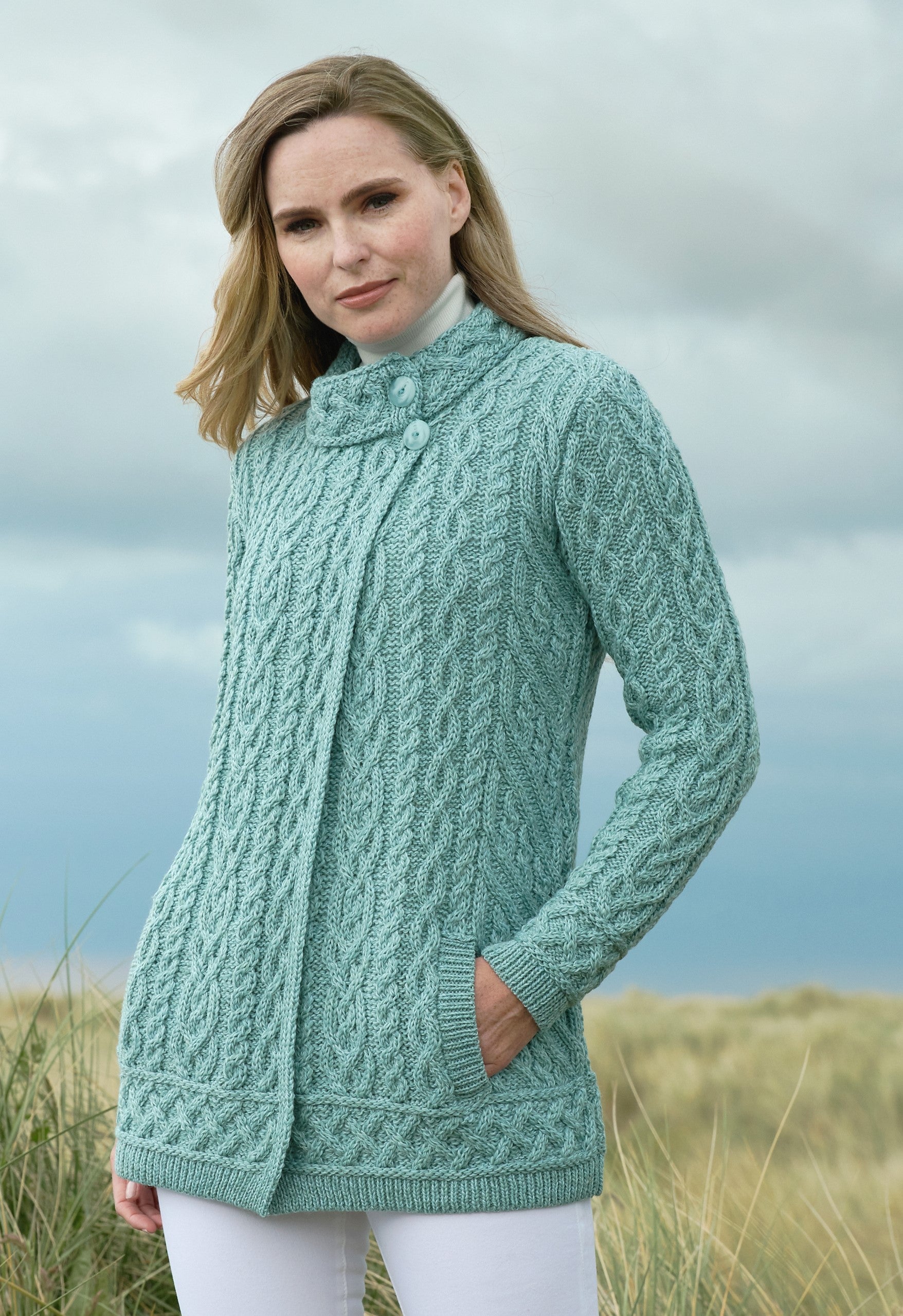 Soft Aran Two Button Neck Cardigan for Women - Cozy Winter Sweater for Office, Casual & Date Nights
