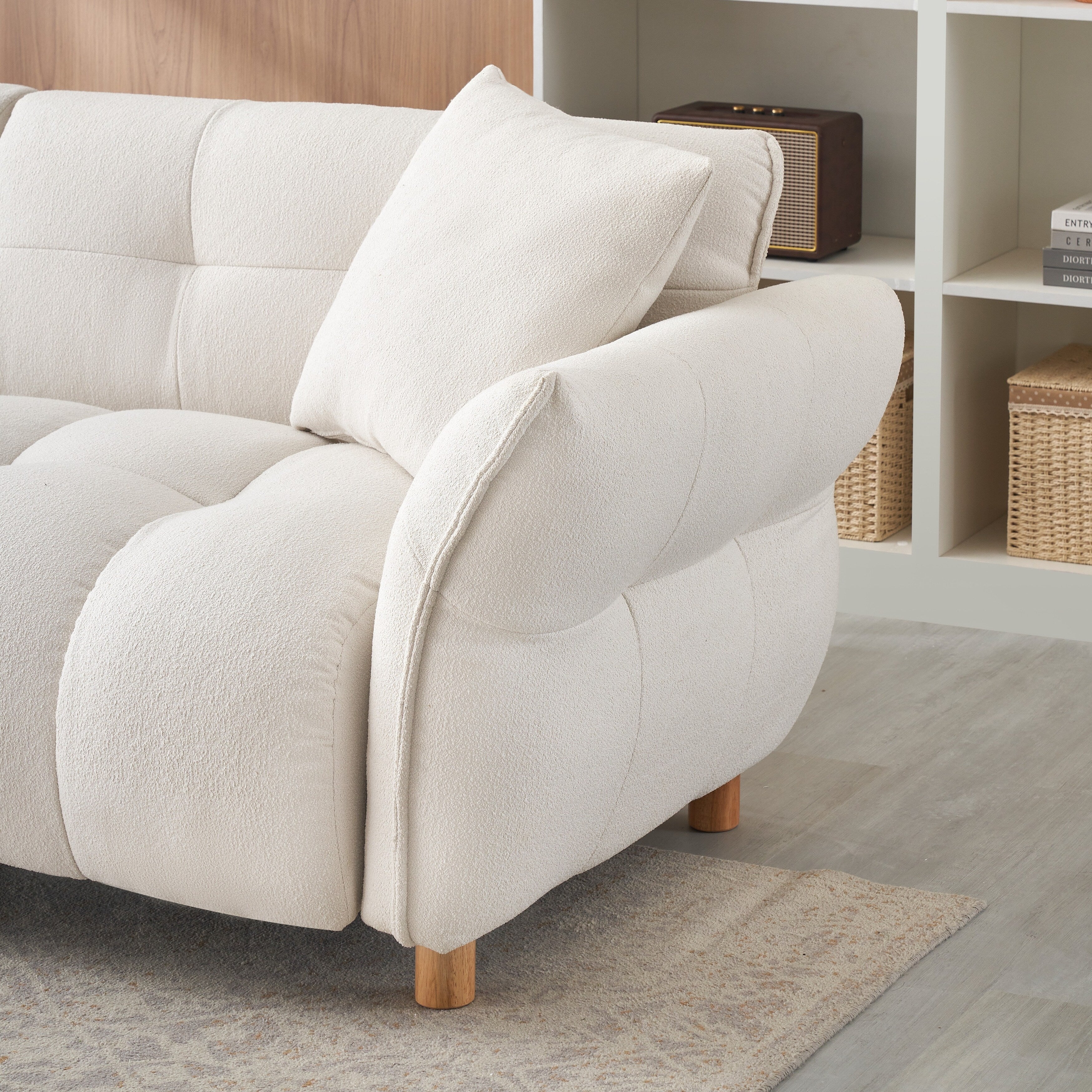 Mid Century Modern Sofa with Soft Teddy Fabric - Plush 3-Seater Couch with Decorative Pillows - Comfortable Living Room Furniture for Home & Office Lounge