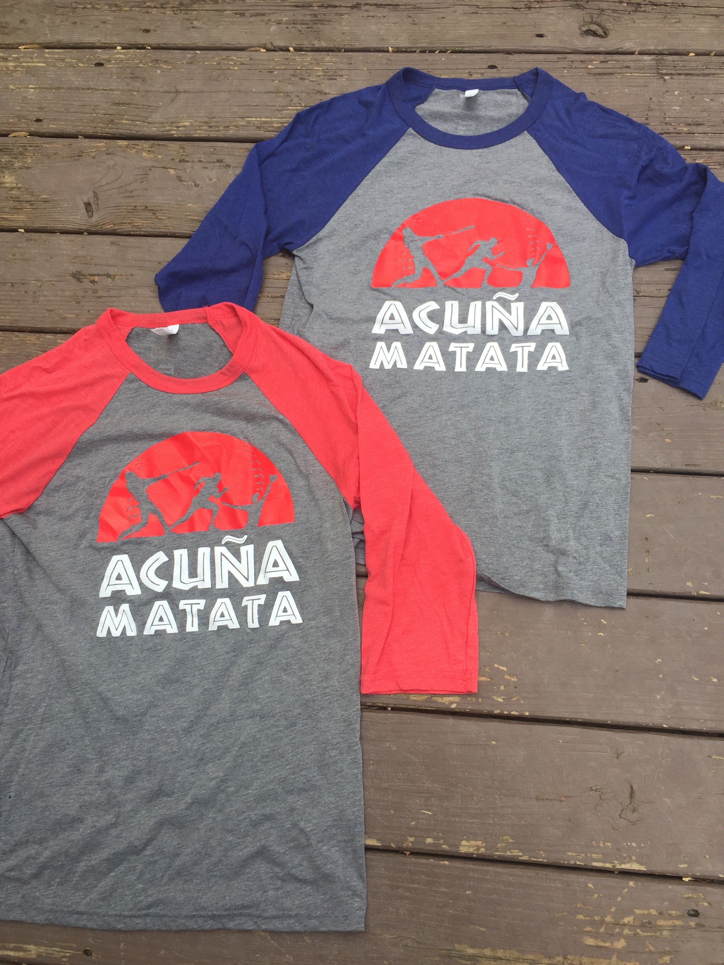 Acuña Matata Tri-Blend Raglan 3/4 Sleeve T-Shirt - Heathered Gray & Red Baseball Tee | Comfortable Casual Wear for Baseball Fans & Street Style