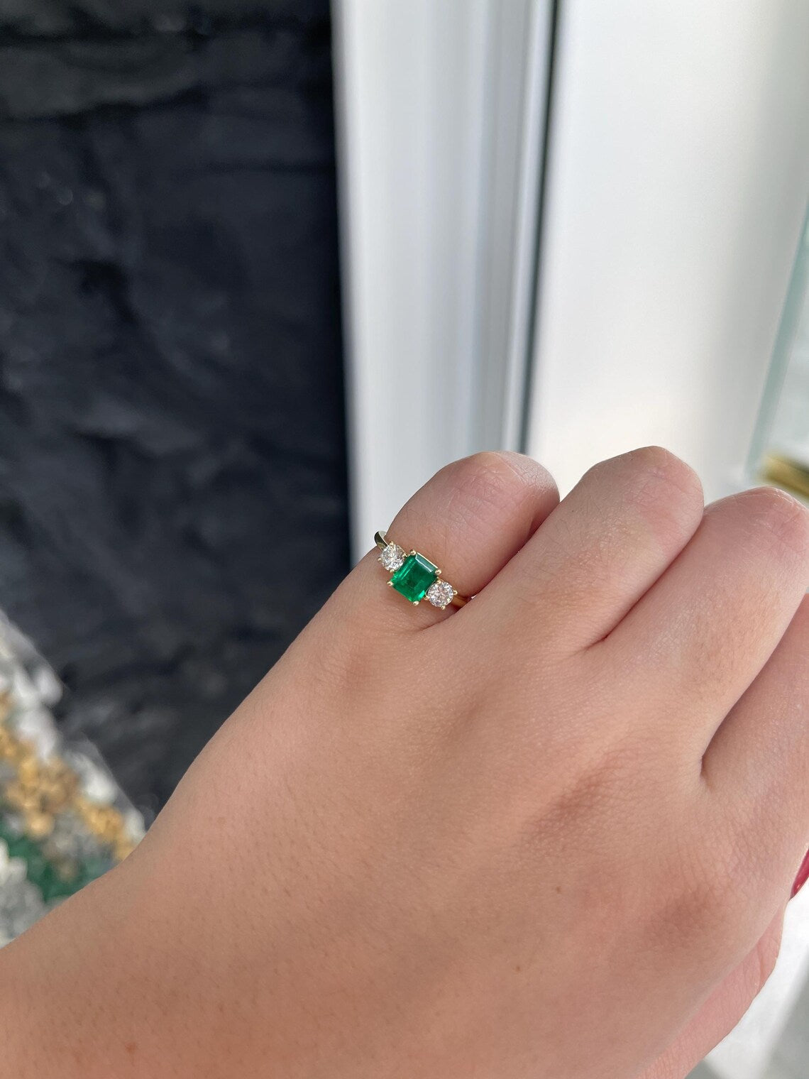 1.34ct Vivid Emerald Cut Emerald & Round Diamond Accent Engagement Ring - Elegant Proposal, Wedding, Anniversary Gift for Her
