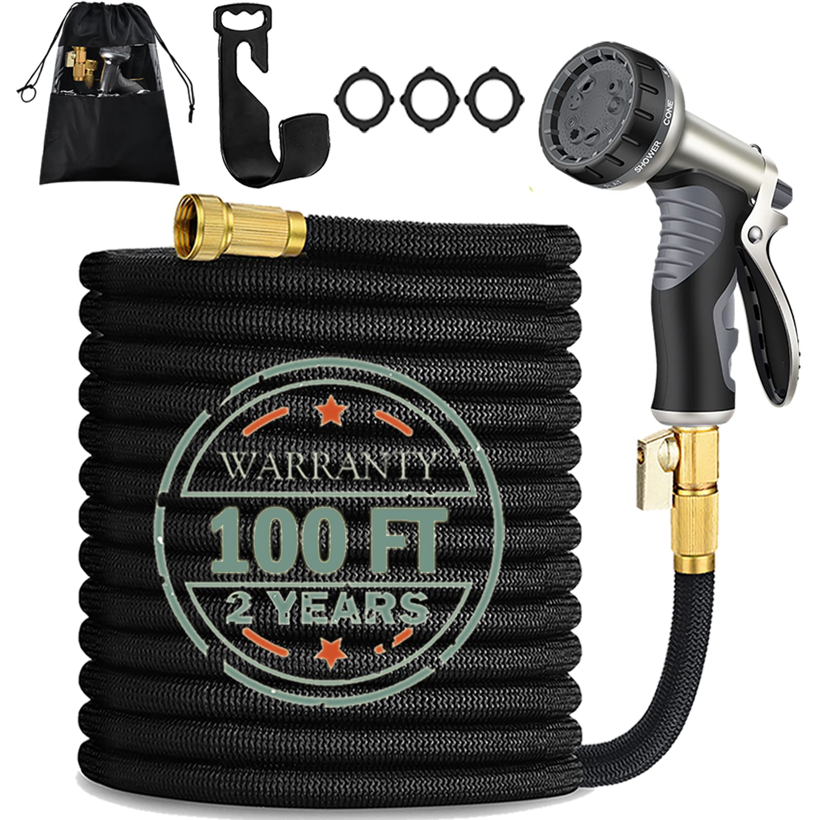 100 FT Expandable Garden Hose with 9-Function Nozzle - Durable 3750D Fabric & Double Latex Core - Flexible Outdoor Water Hose for Gardening, Car Washing, Yard Cleaning & Pool Filling