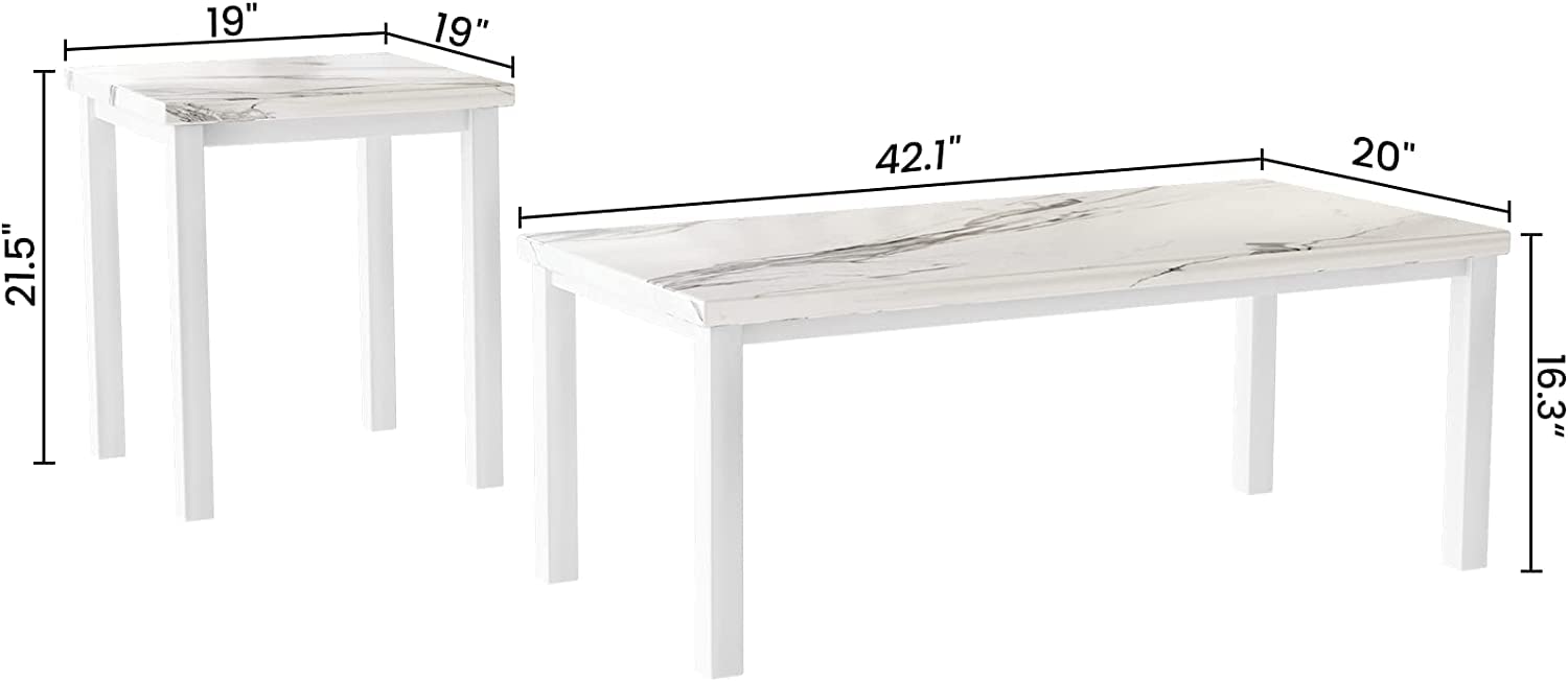 AWQM 3-Piece Faux Marble Coffee Table Set - Rectangular Coffee Table & 2 Side End Tables - Modern Living Room Furniture for Small Spaces, Apartments - White Marble Finish - Perfect for Entertaining, Relaxing & Home Decor