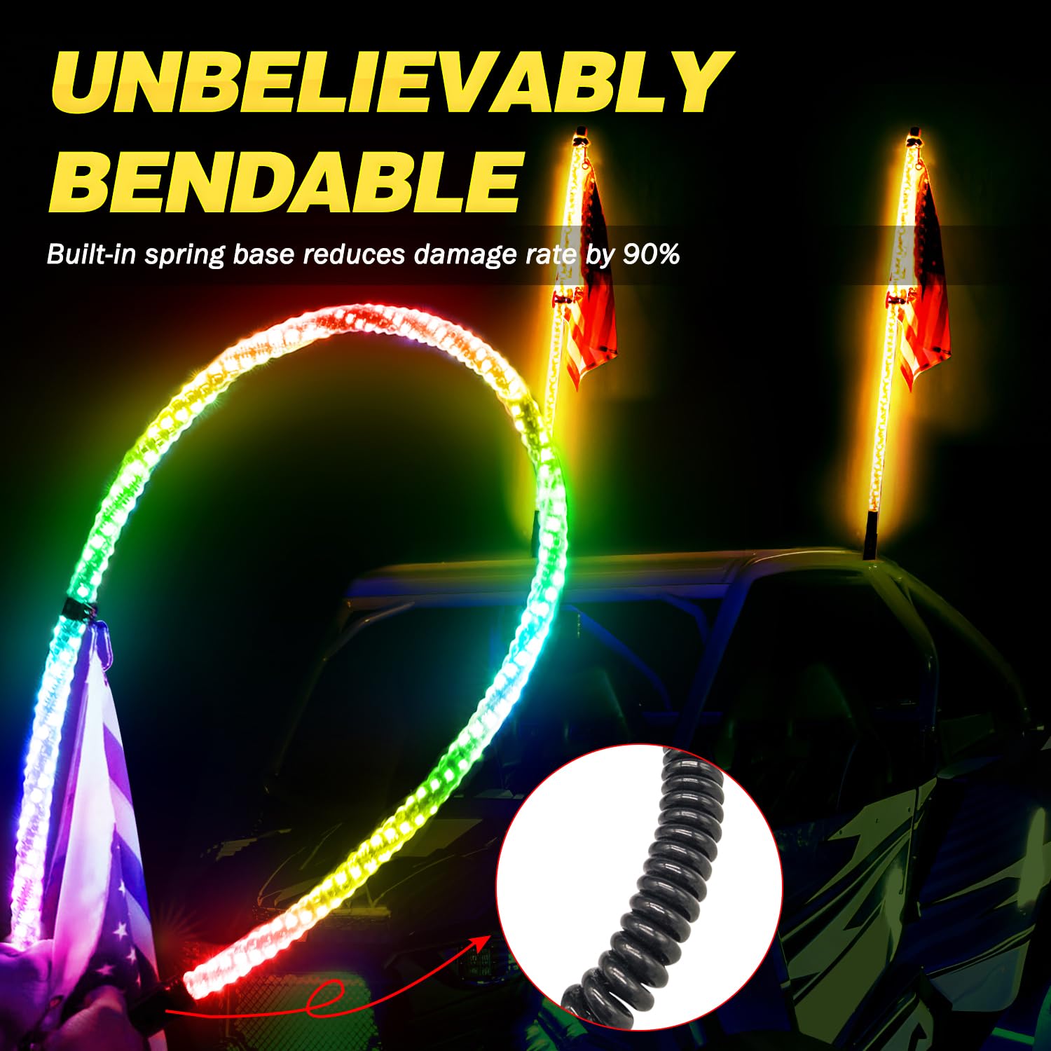 RGBW 4FT LED Whip Lights Pair - 2PCS 360° Spiral Lighted Whips with RF Remote Control for UTV, SXS, Polaris RZR, 4X4 Truck & Boat - Dancing/Chasing Light Effects for Off-Road, Night Rides & Outdoor Adventures