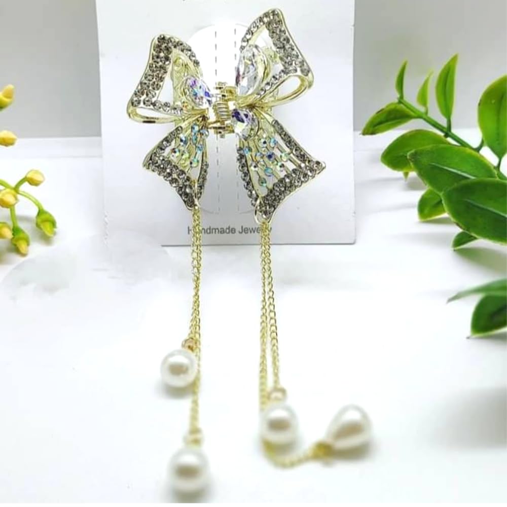 RSJ TRADERS Pearl Stone Hair Clips for Women & Girls - Elegant Butterfly Wedding Hair Clutcher with Metal & Pearl Accents - Perfect for Bridal, Prom, Parties & Everyday Hairstyles