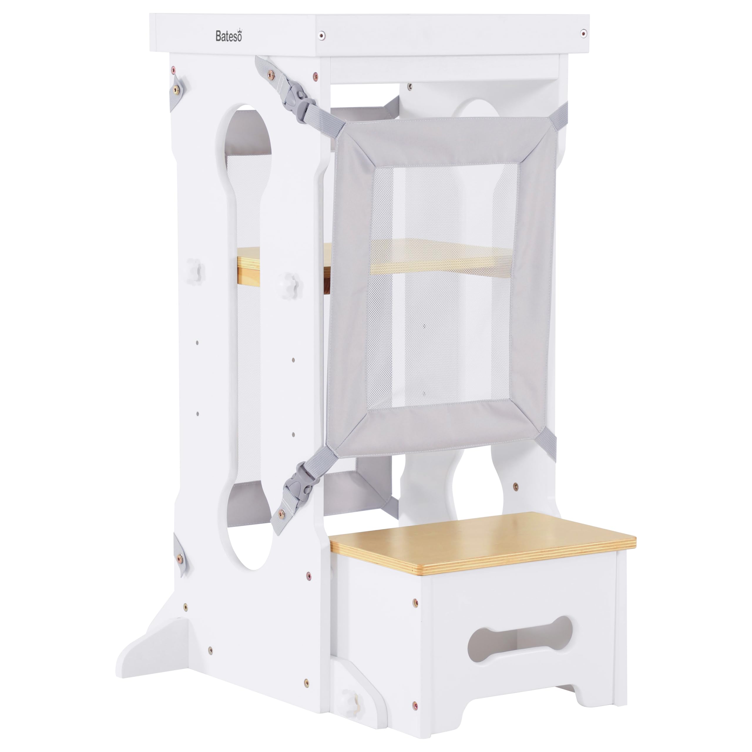 Bateso Adjustable Wooden Toddler Step Stool - Kitchen Helper Tower with 2 Removable Safety Nets & Non-Slip Mats - 4 Height Levels for Kids Ages 1-6 - Perfect for Cooking, Bathroom Sink, and Countertop Access