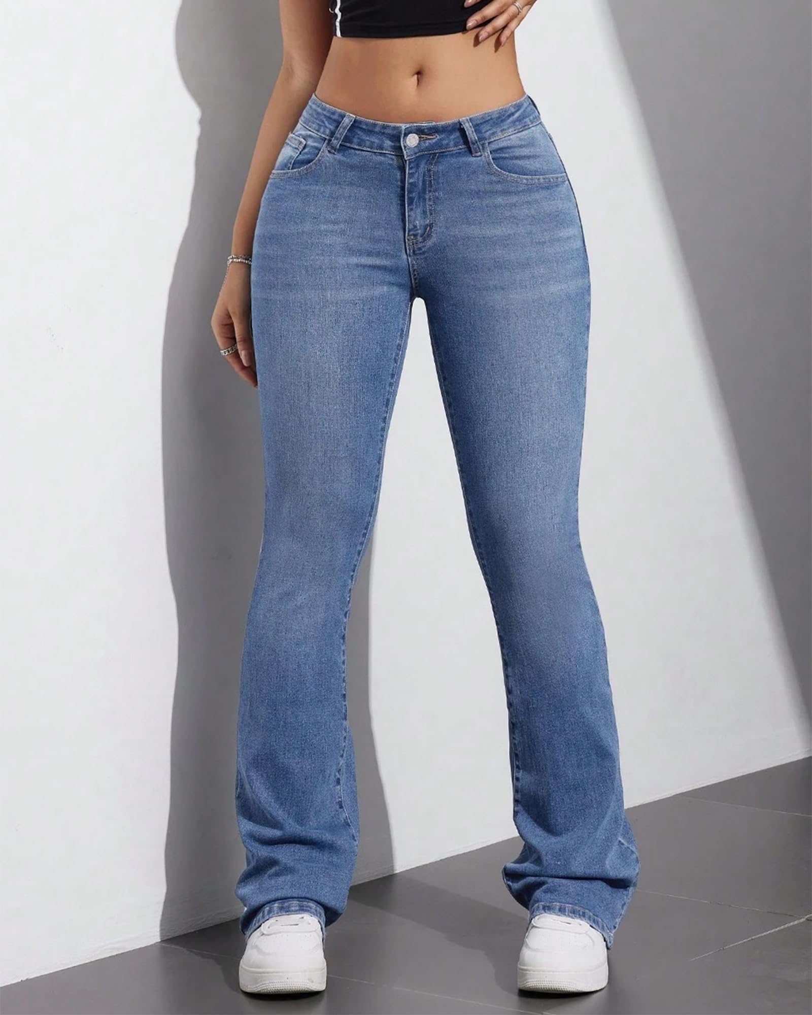 Women's Low Waist Bell Bottom Jeans - Classic Stretch Flared Denim Pants for Casual Wear & 70s Retro Style Outfits