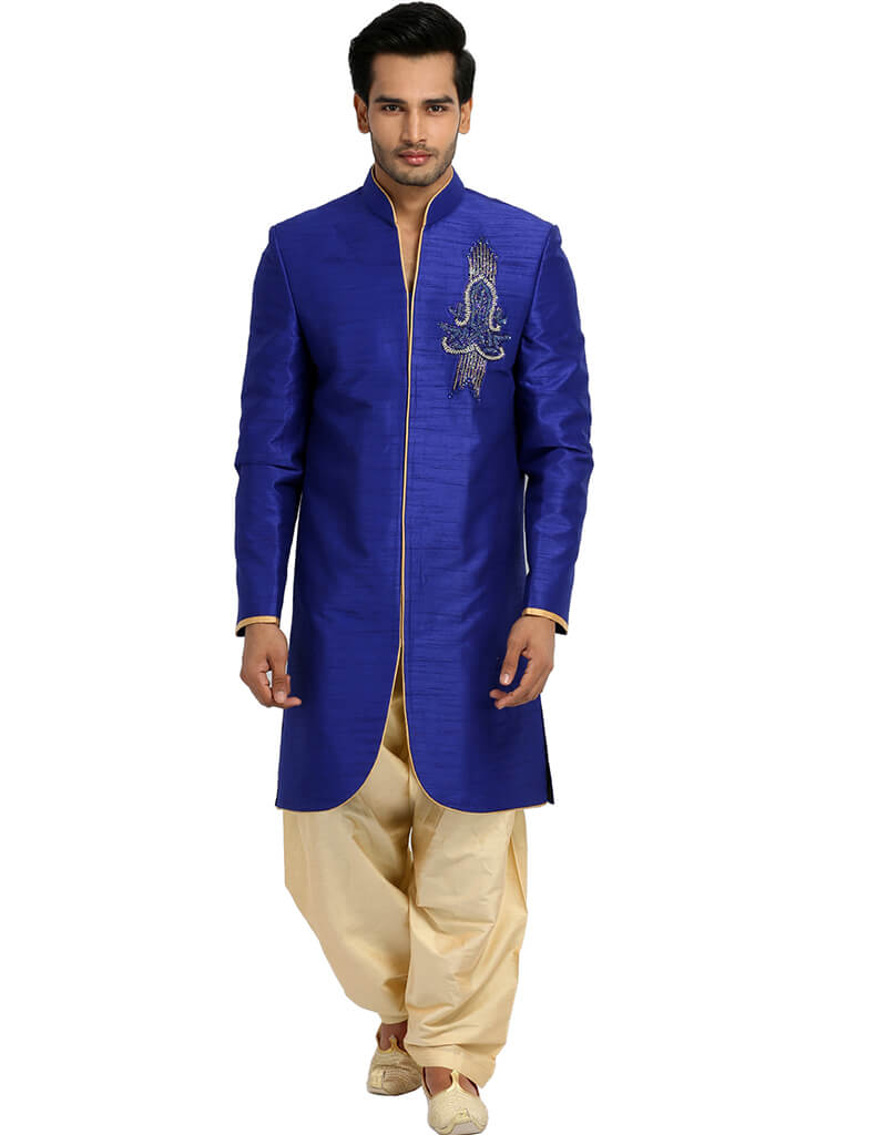 Premium Blue Indo-Western Raw Silk Dhoti - Traditional Indian Men's Bottom Wear for Weddings, Festivals & Cultural Events