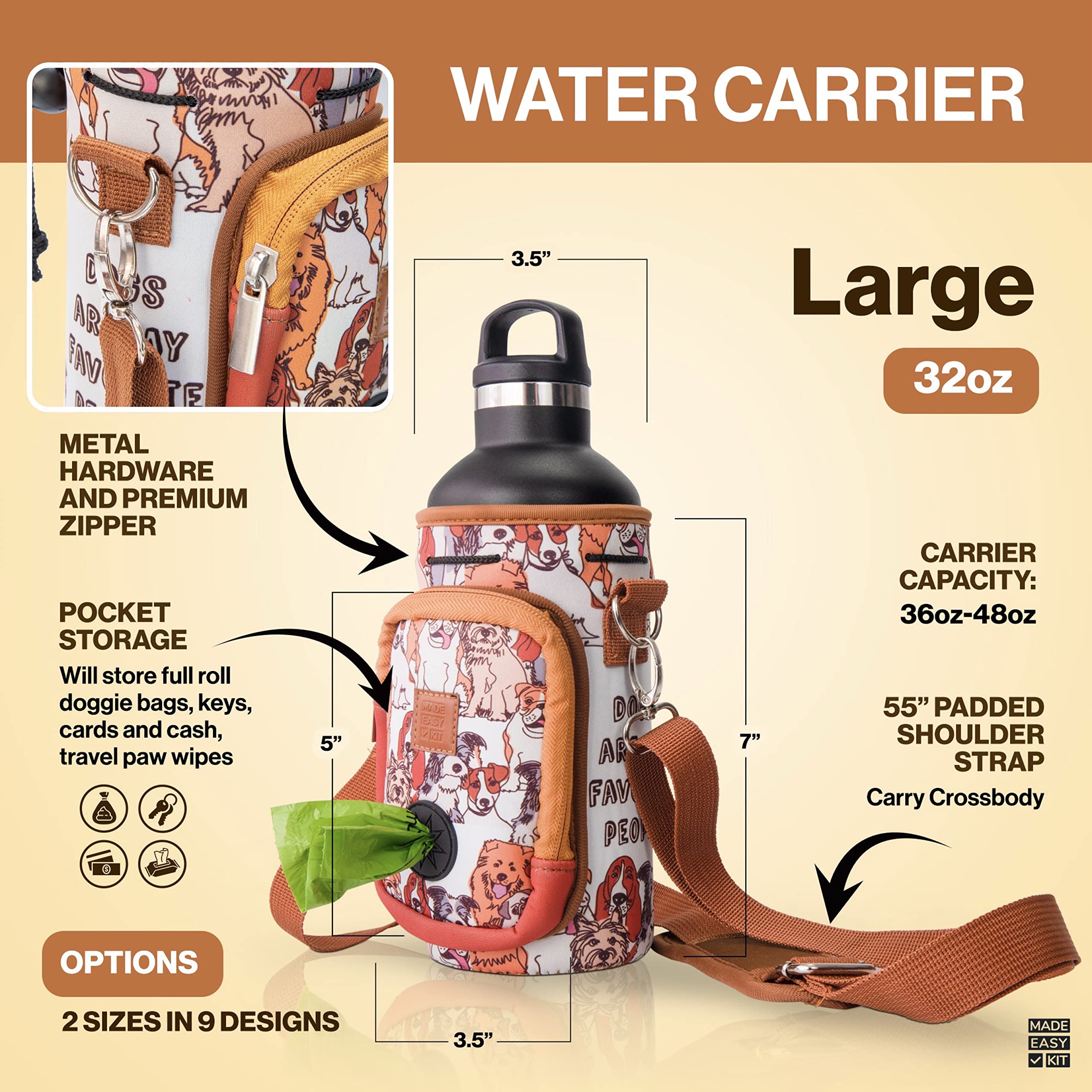 **Premium Adjustable Dog Water Bottle Carrier with Padded Shoulder Strap & Waste Bag Pocket – Large 32oz Insulated Hydration Pack with Detachable Bowl for Hiking, Walking & Outdoor Adventures (Brown, Pet Lover Gift)**