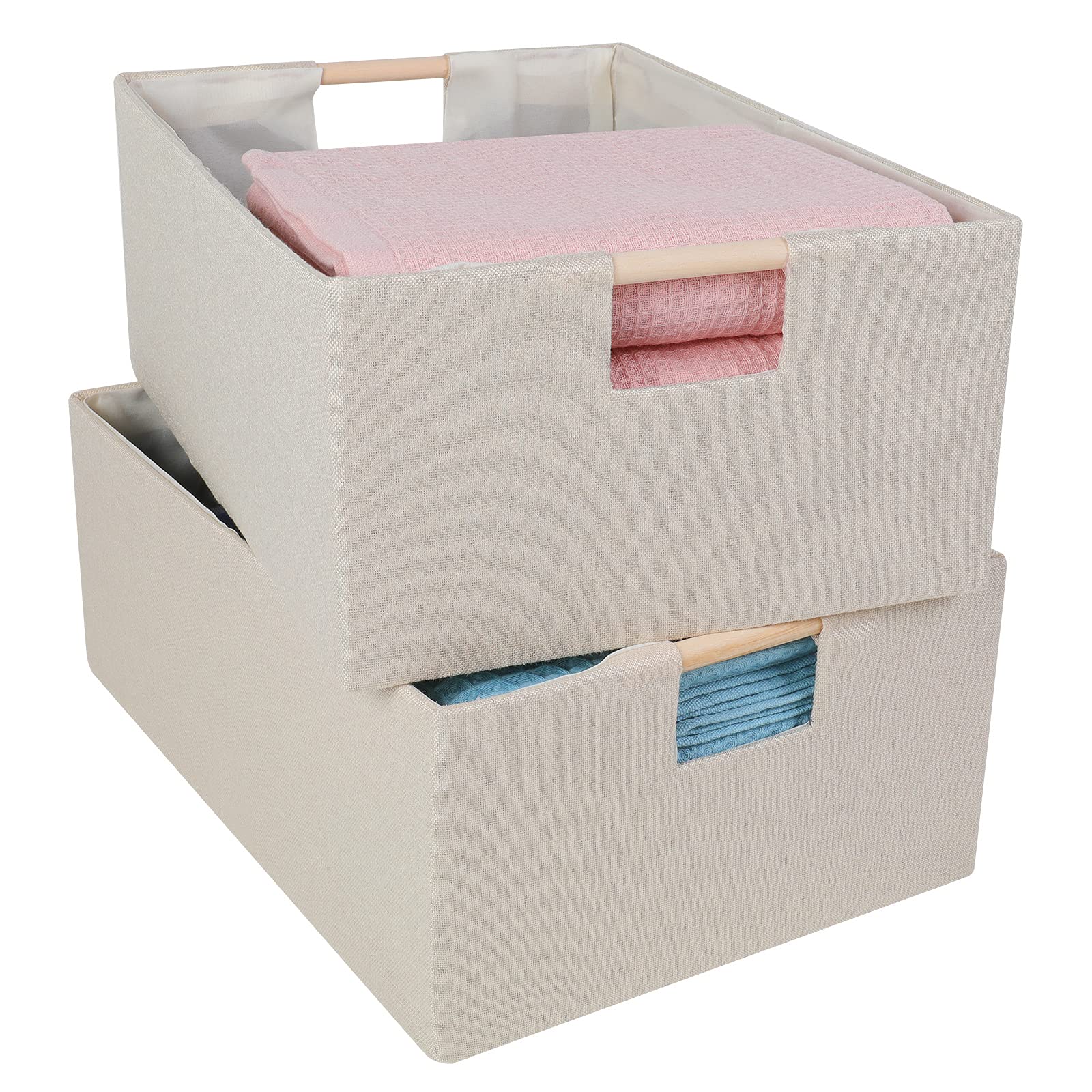 ANMINY 2-Piece Large Foldable Cotton Linen Storage Baskets with Wood Handles - Decorative Nursery Organizer for Baby Clothes, Toys & Laundry (Beige, Large) | Perfect for Kids' Room, Playroom & Closet Organization