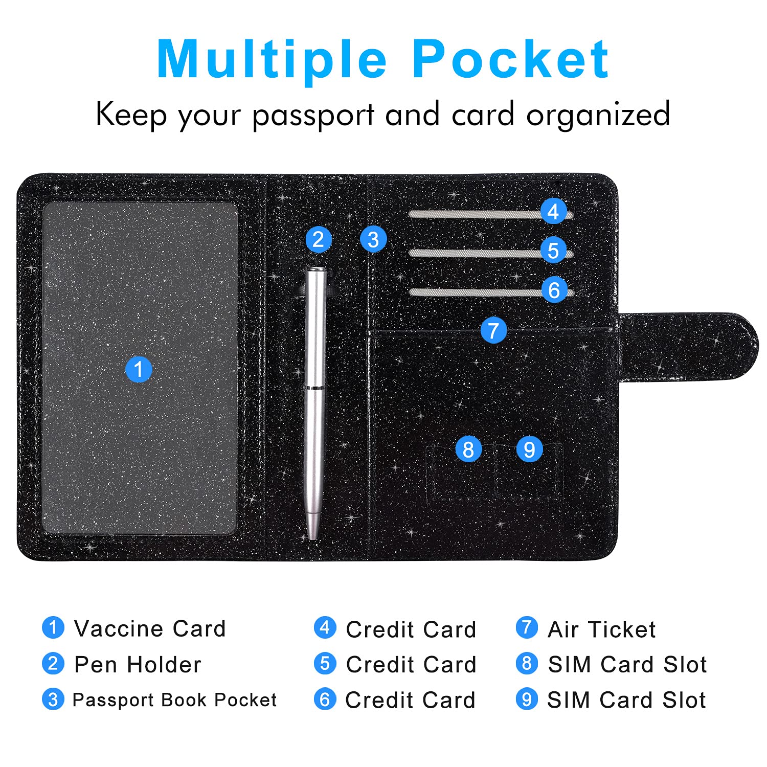 ACdream RFID Blocking Passport & Vaccine Card Holder - Glitter Black Faux Leather Travel Wallet for Men & Women | Secure ID Protection for Airports & International Trips