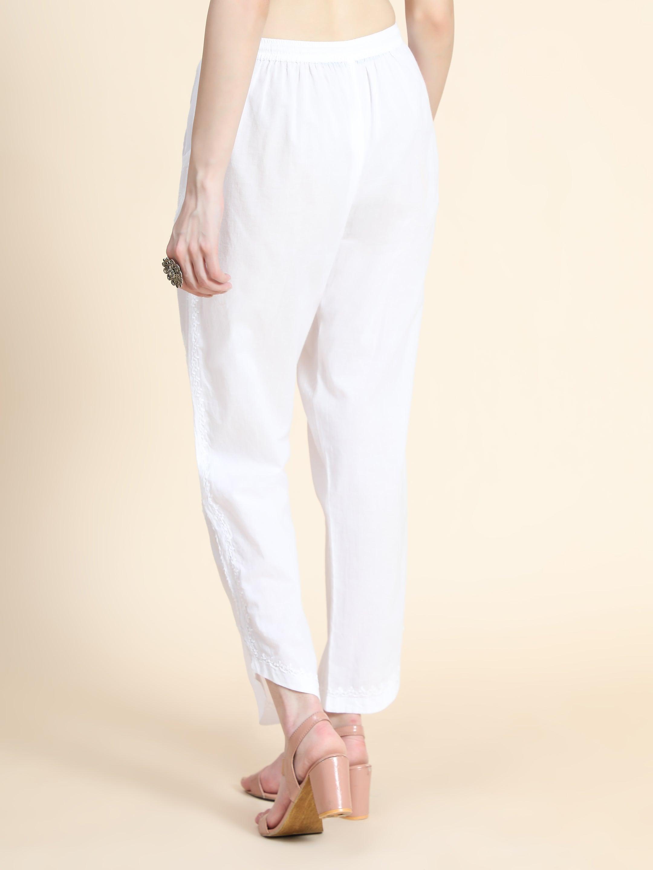 House Of Kari Chikankari Embroidered Cotton White Relaxed Pants for Women - Comfortable Lounge Trousers for Yoga, Travel & Casual Wear