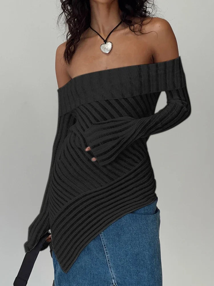 Asymmetric Off Shoulder Long Sleeve T-Shirt for Women - White Hollow Knit Sheer Y2K Top | Sexy Fall Fashion 2023 | Perfect for Date Night, Party & Casual Outfits