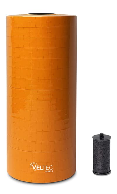 Veltec Premium Pricing Labels for Monarch 1110 Price Gun - 16 Rolls (17,000 Labels) with Ink Roller - Orange Stickers for Retail, Warehouse & Inventory Management