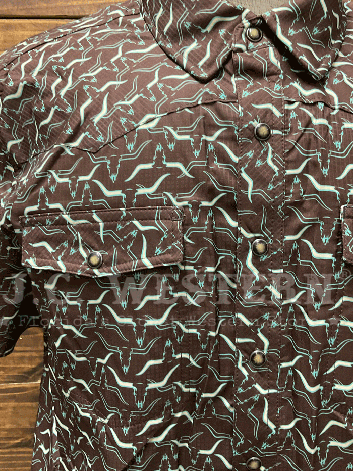 Rock & Roll Denim BMN3S05490 Men's Longhorn Print Western Snap Shirt - Short Sleeve Button Up Shirt in Chocolate Brown for Country Concerts & Rodeo Events