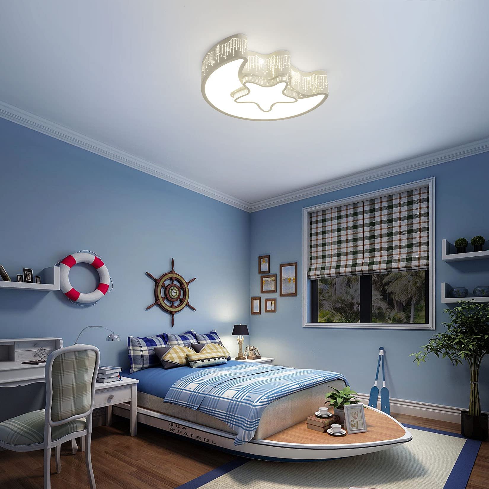 Modern Moon & Star Shaped Ceiling Light Fixture - White 4000K Natural Light Metal Chandelier for Girls Bedroom, Kids Room & Nursery | Perfect for Bedtime Stories, Playtime & Creating a Cozy Atmosphere