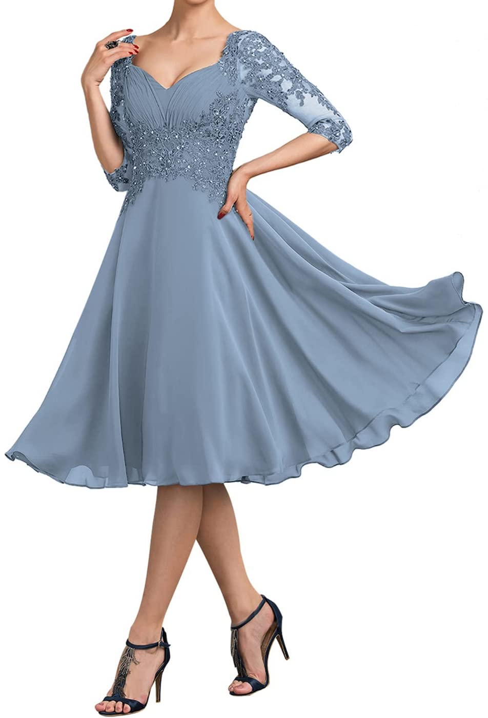 Elegant Dusty Blue Sweetheart Chiffon Plus Size Mother of The Bride Dress with Short Lace Appliques - Perfect for Weddings, Rehearsal Dinners & Formal Occasions