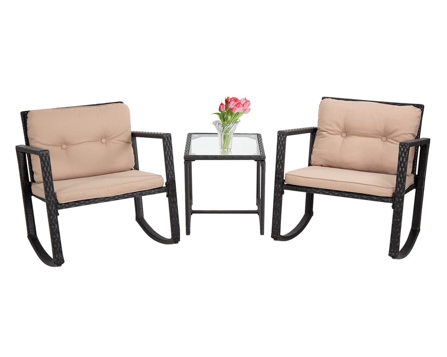 BestMassage 3-Piece Wicker Patio Furniture Set - Outdoor Rocking Chairs with Coffee Table & Cushions for Front Porch, Garden or Backyard Relaxation