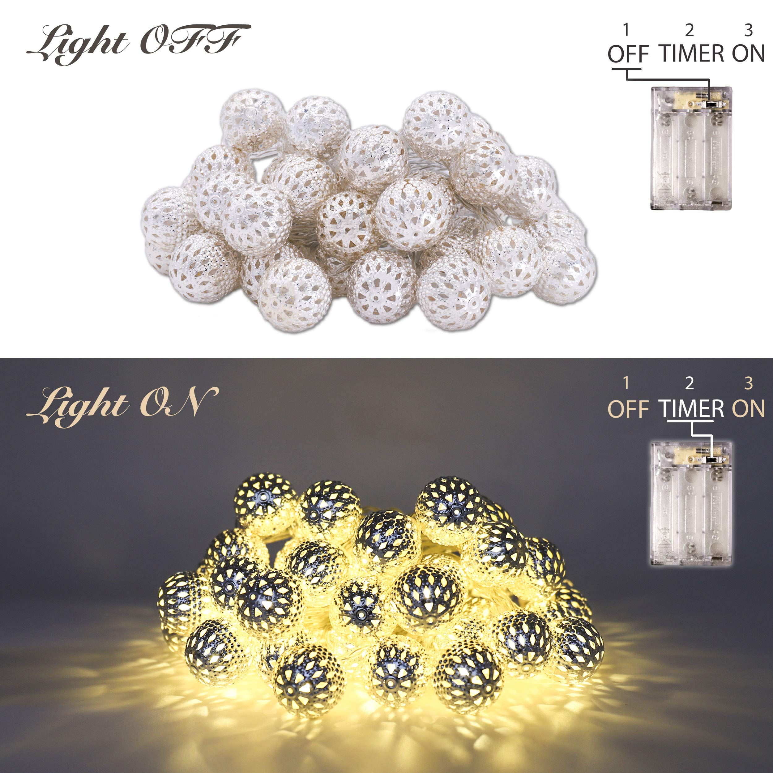 Battery Powered Moroccan String Lights - 40 Silver LED Globe Lights with Timer, Warm White for Wedding, Party, Holiday & Home Decor | 16 ft Auto On/Off | Perfect for Christmas, Birthday & Outdoor Events