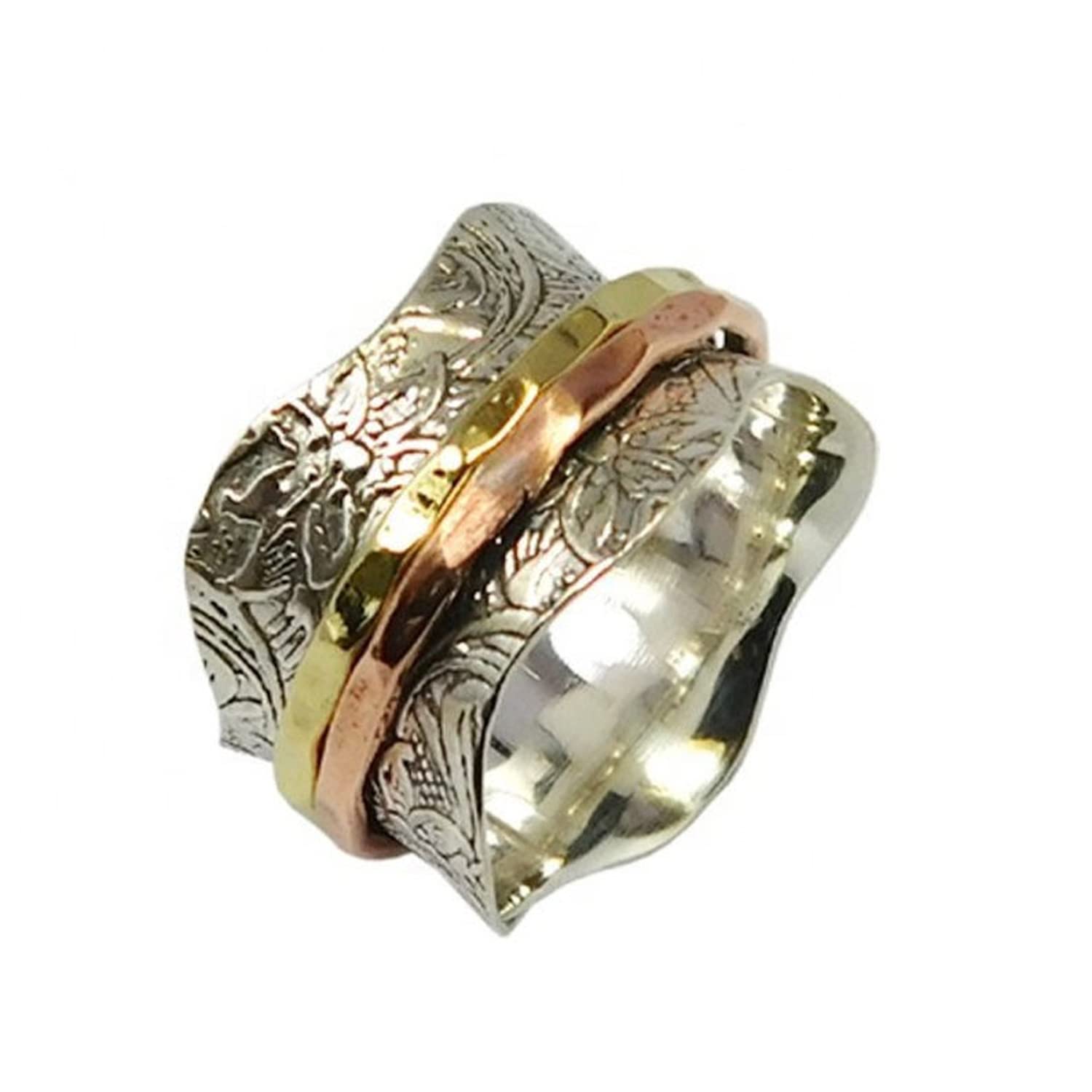 Two Tone Silver Spinner Ring - 925 Sterling Silver Anxiety & Meditation Ring - Handmade Engraved Thumb Spinner Ring for Stress Relief - Boho Engagement Ring - Perfect Christmas Gift for Women & Men (10)