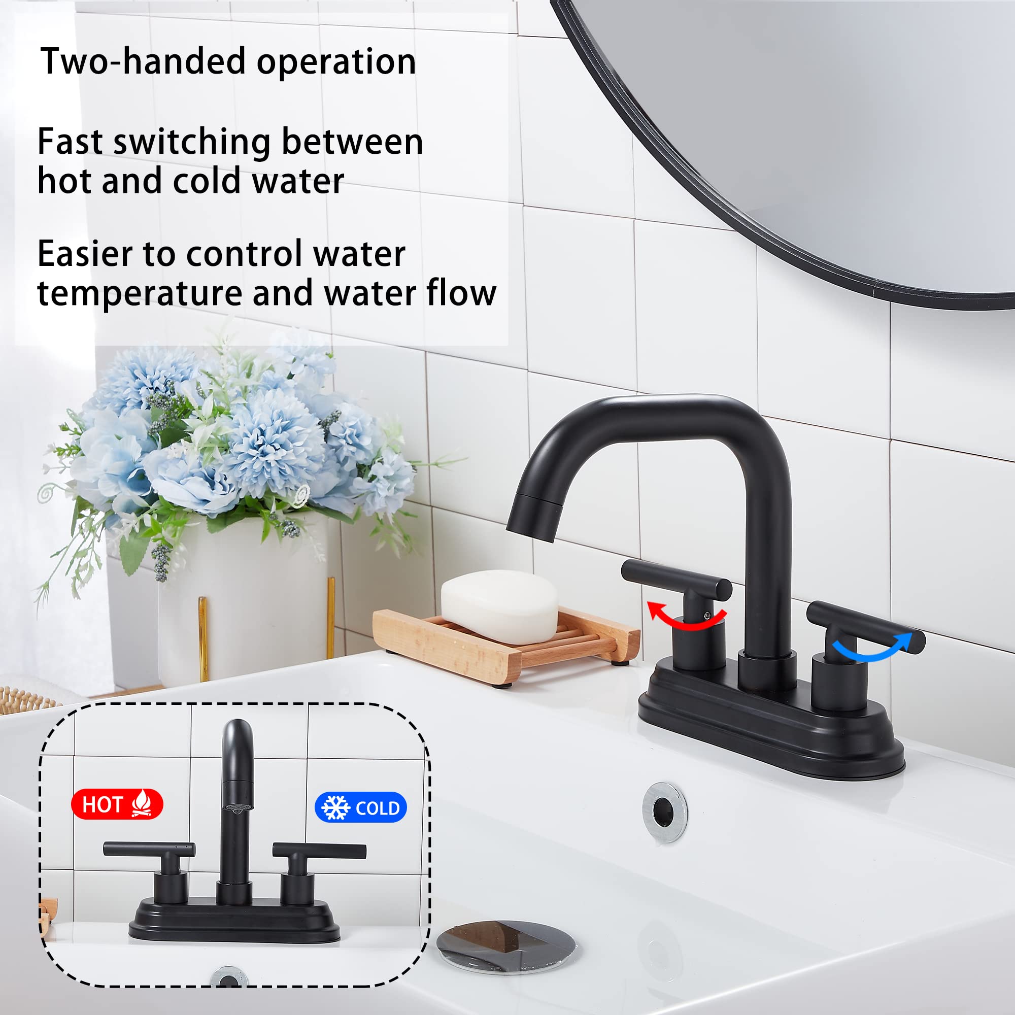Matte Black Bathroom Faucet - GGStudy 2-Handle 4