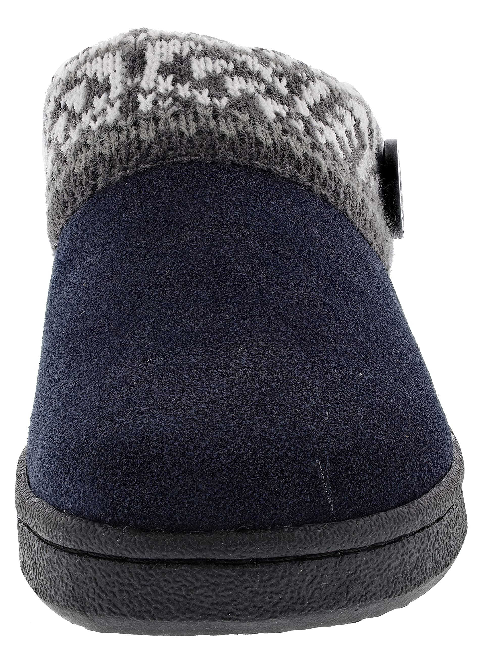 Clarks Women's Suede Leather Comfort Clog Slippers with Knitted Collar & Plush Faux Fur Trim - Cozy Indoor/Outdoor House Shoes for Women - Perfect for Lounging, Running Errands & Cold Weather (Fairisle Navy, Size 9M)