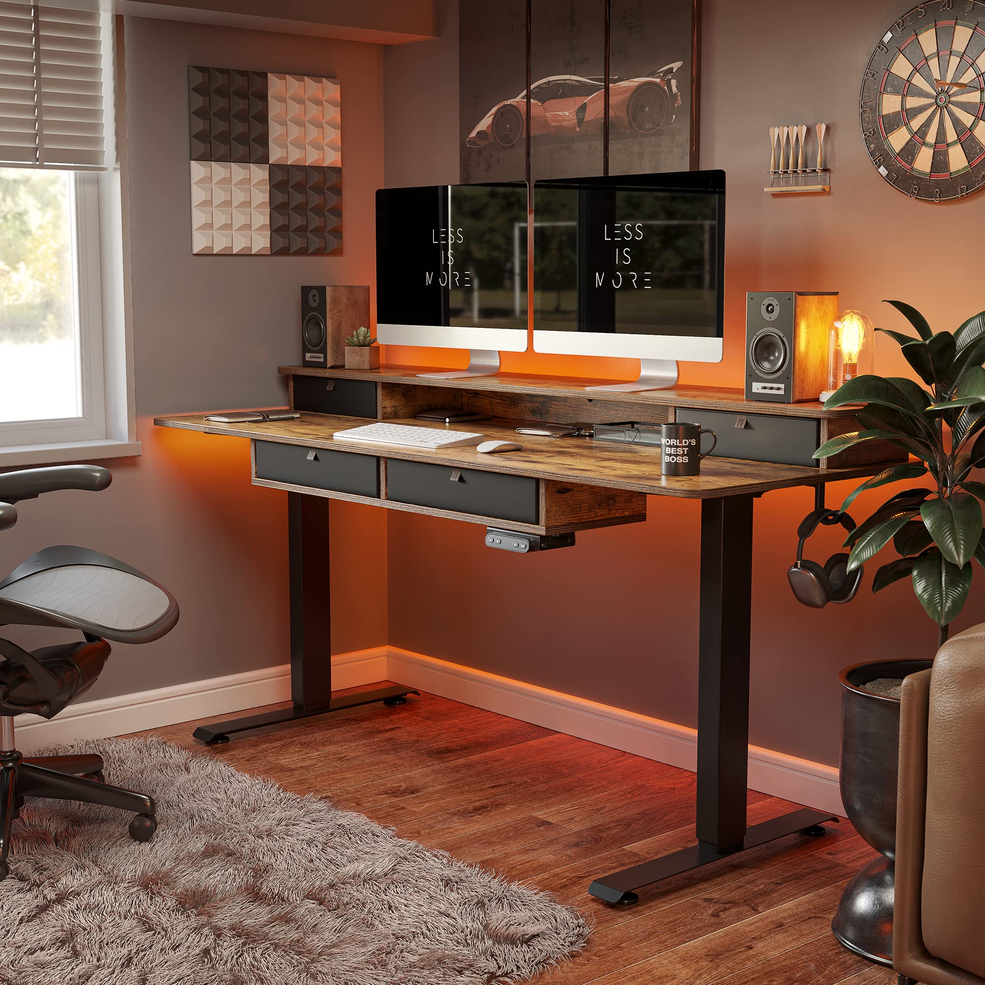 FEZIBO 63 Inch Electric Height Adjustable Standing Desk with 4 Drawers & Storage Shelf, 63