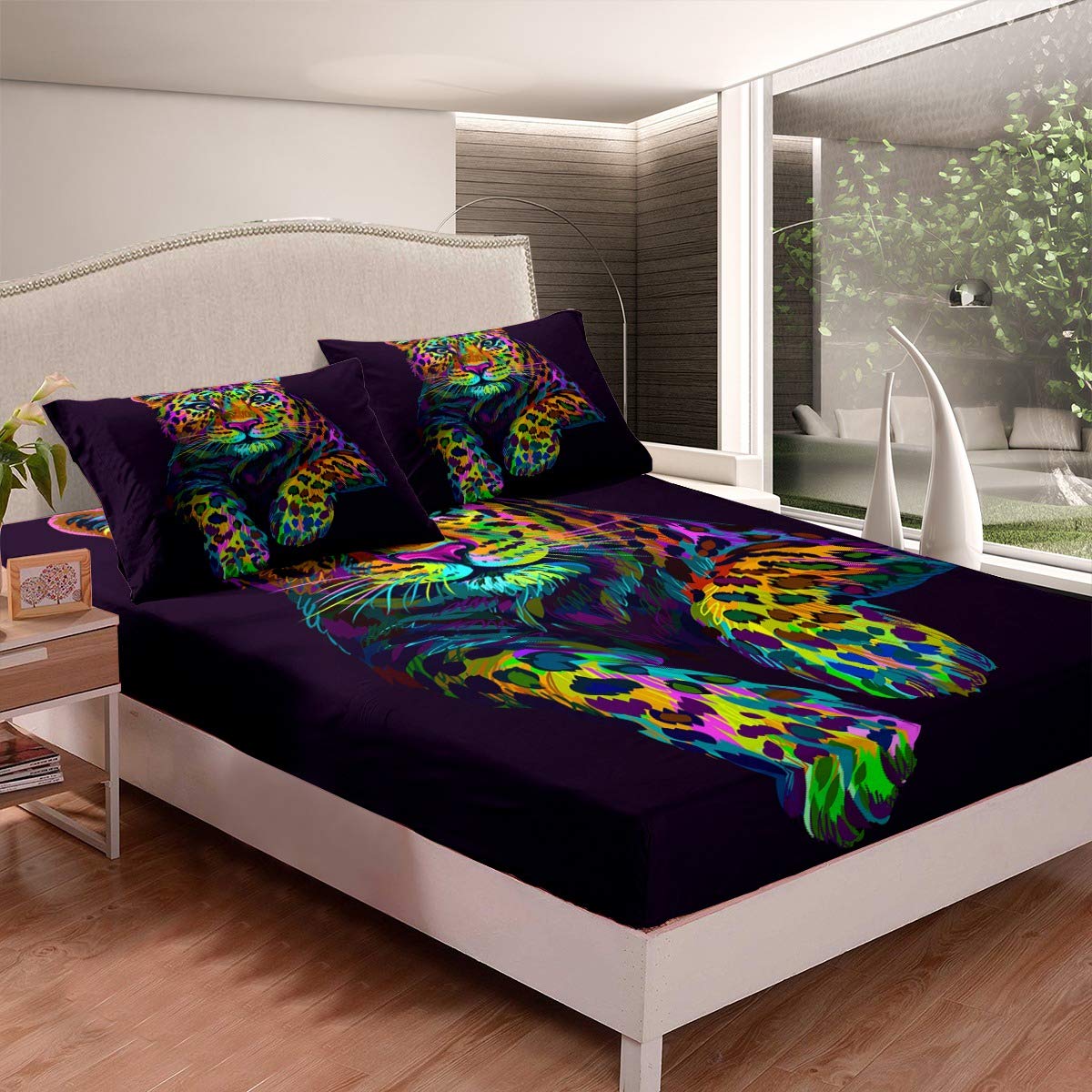 Colorful Leopard Print Duvet Cover Set for Teens - 3 Piece Rainbow Cheetah Fur Bedding with Deep Pockets (1 Fitted Sheet + 2 Pillow Cases) - Wild Animal Themed Black Background Collection - Perfect for Kids' Rooms, Dorm Decor & Unique Gift Ideas