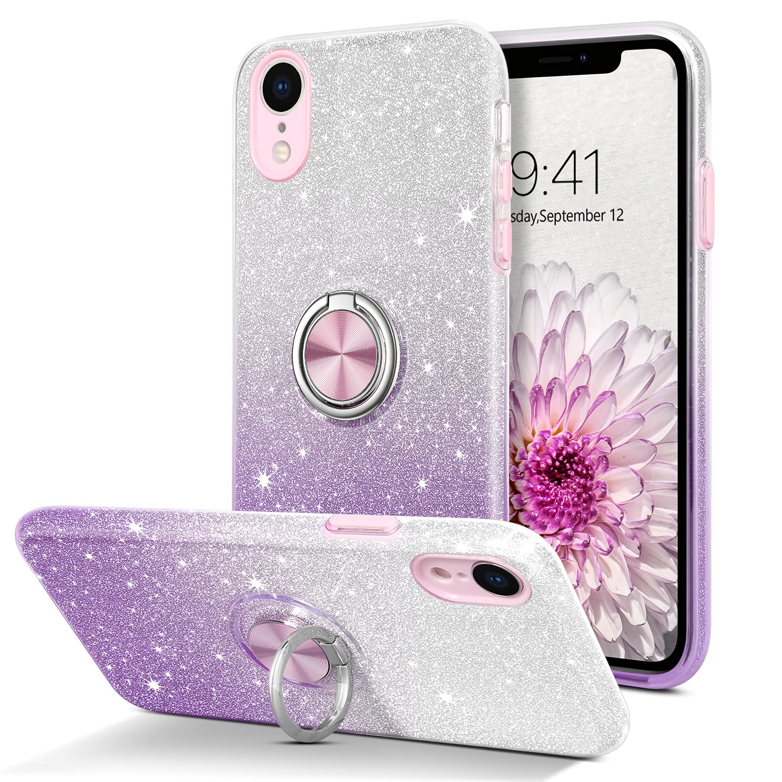Sparkly Glitter Slim iPhone XR Case with 360° Ring Holder & Kickstand - Dual Layer Shockproof Protective Cover for Women (Purple) - Perfect for Daily Use, Car Mounting & Hands-Free Viewing
