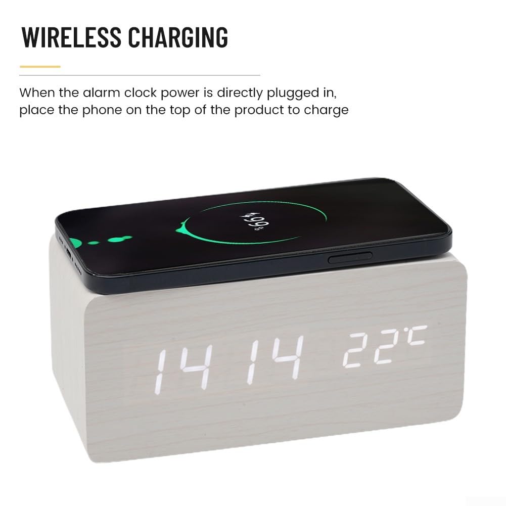 Wireless Charging Digital Alarm Clock with Temperature Display - Wooden Design for Bedroom, Office & Travel | Nightstand Essential for Home Decor