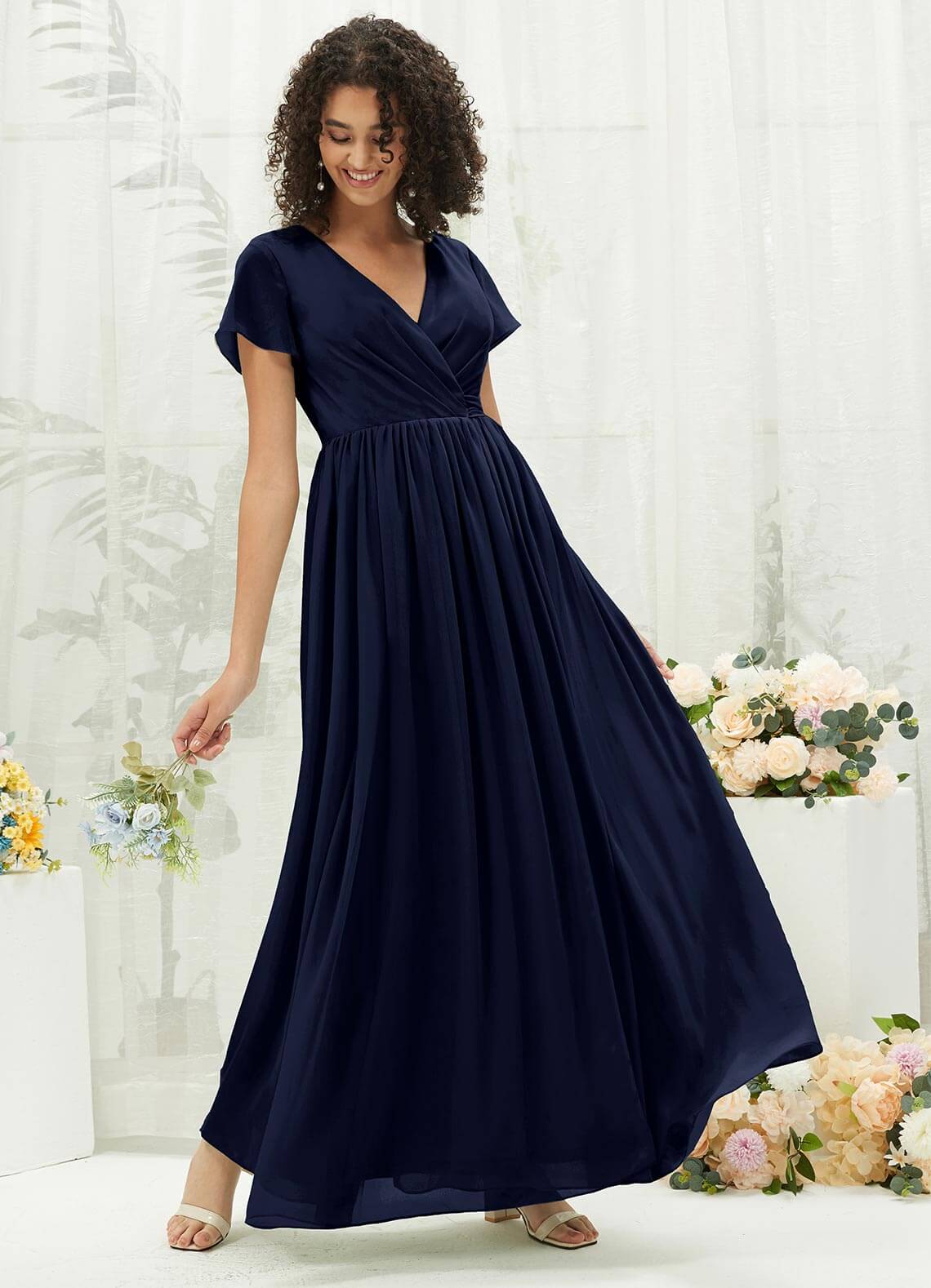 Elegant Dark Navy Chiffon Short Sleeve V-Neck Wrap Pleated Bridesmaid Dress - Perfect for Weddings, Formal Events & Special Occasions