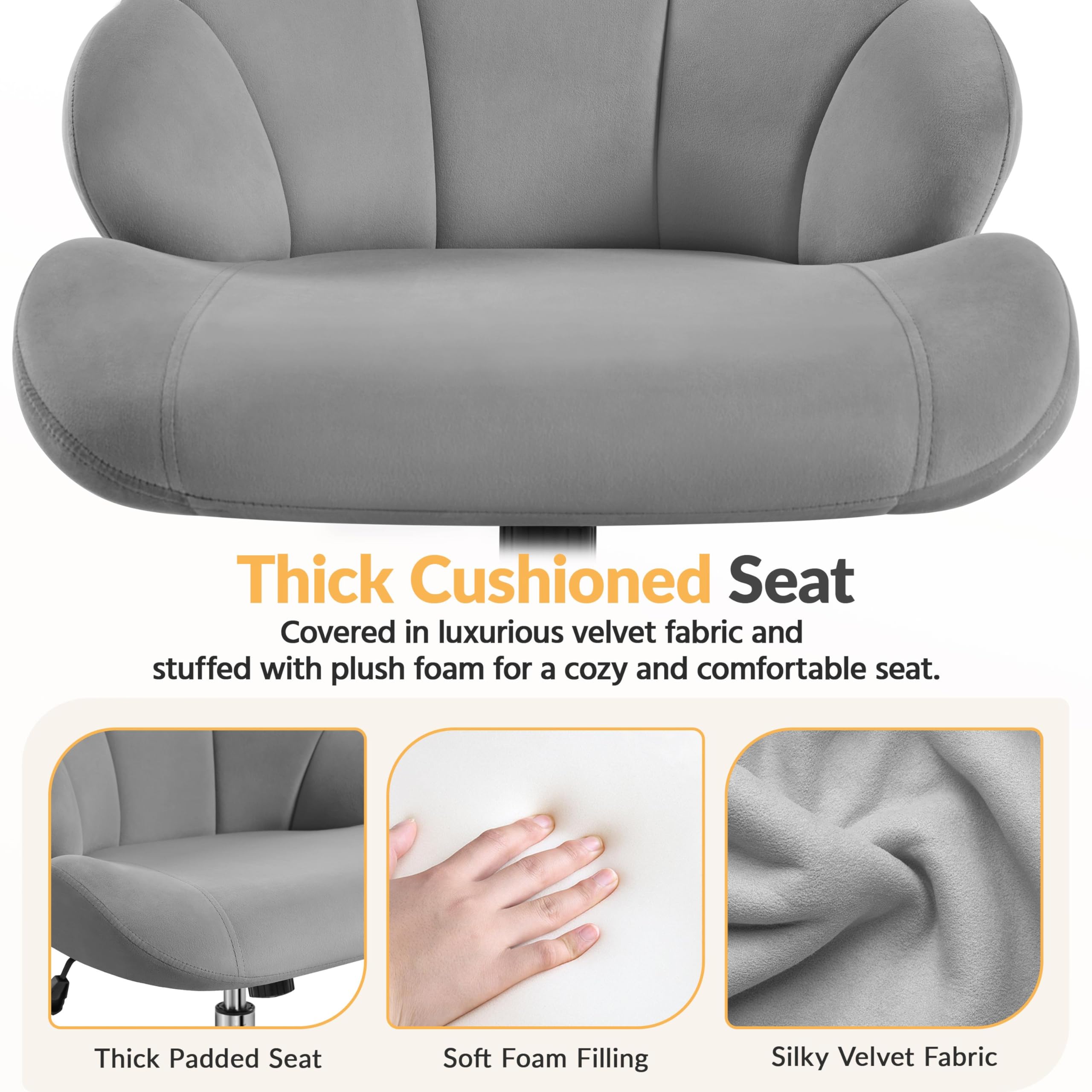 Yaheetech Velvet Swivel Vanity Chair with Wheels - Adjustable Height Home Office Desk Chair with Shell-Shaped Backrest for Bedroom Makeup & Dressing Table (Light Gray) - Perfect for Beauty Salon, Bridal Dressing Room & Home Office Workspace