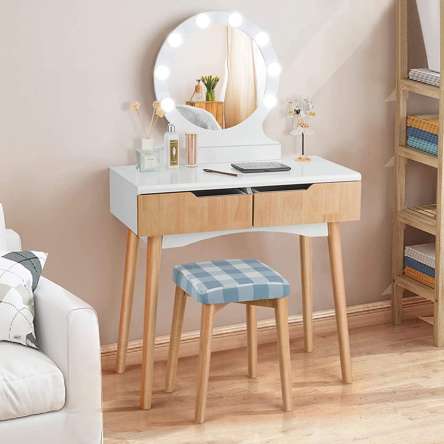 Byroce Vanity Table Set with Round LED Lighted Mirror, Makeup Dressing Table with 8 Adjustable Bulbs & Touch Switch - Includes Cushioned Stool & 2 Large Drawers (Black/Natural/White) | Perfect for Bedroom, Dressing Room, Home Salon & Beauty Studio (Model: HW66049US)