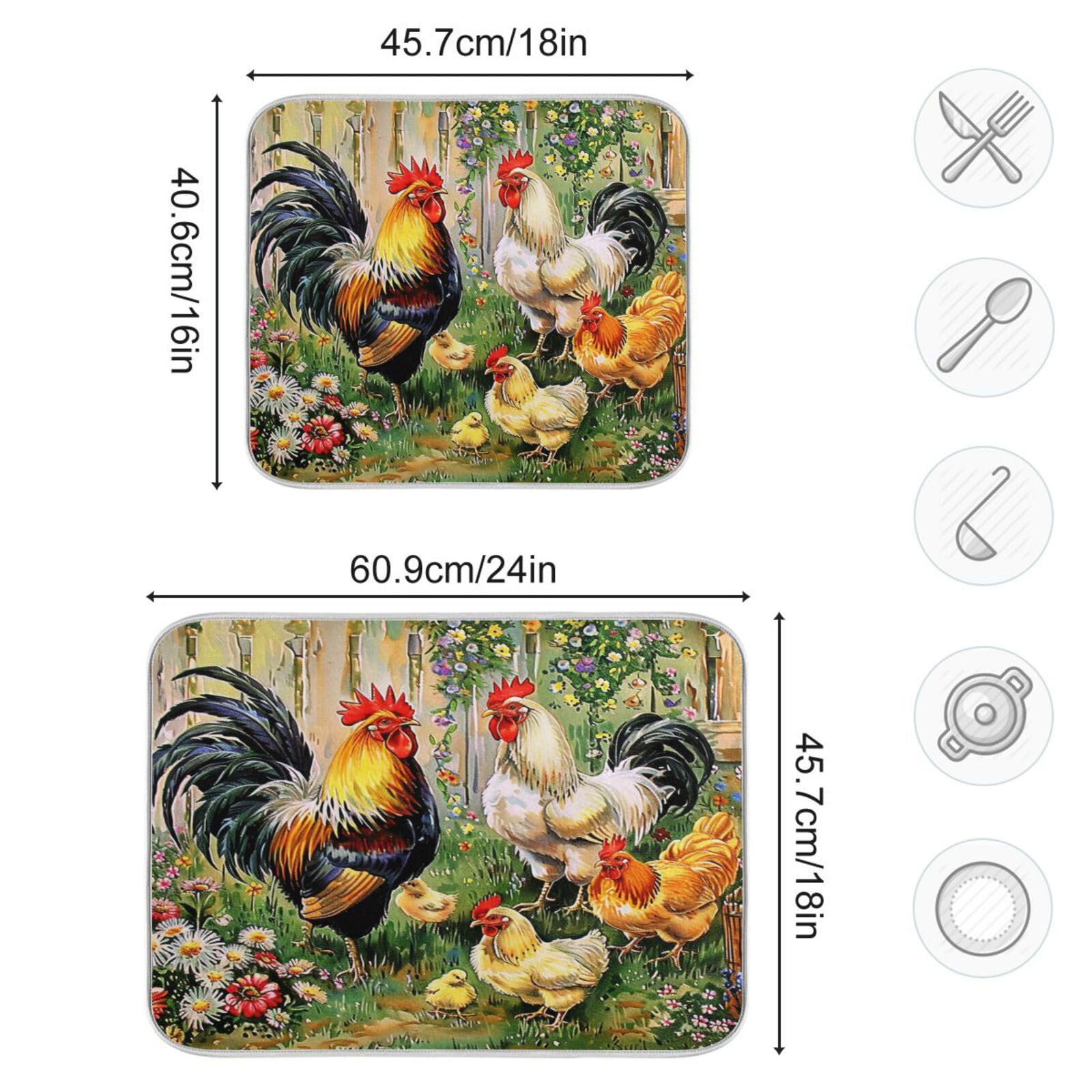Rooster Floral Dish Drying Mat 16x18 Inch - Absorbent Microfiber Kitchen Counter Protector for Dishes, Utensils & Cookware - Farmhouse Decor for Countertops, Sink Areas & Dining Tables